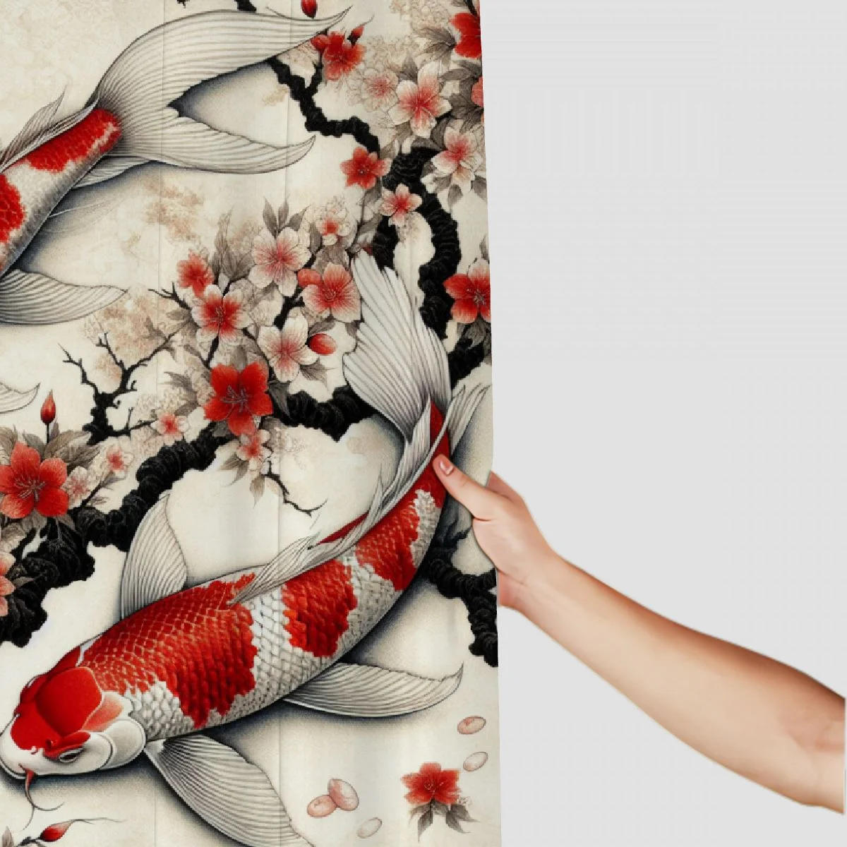 Akjvoe Japanese Cherry Blossoms Shower Curtain Asian Red Flower Trees Tradition Ink Painting Plum Bossom Bathroom Fabric with Hooks White