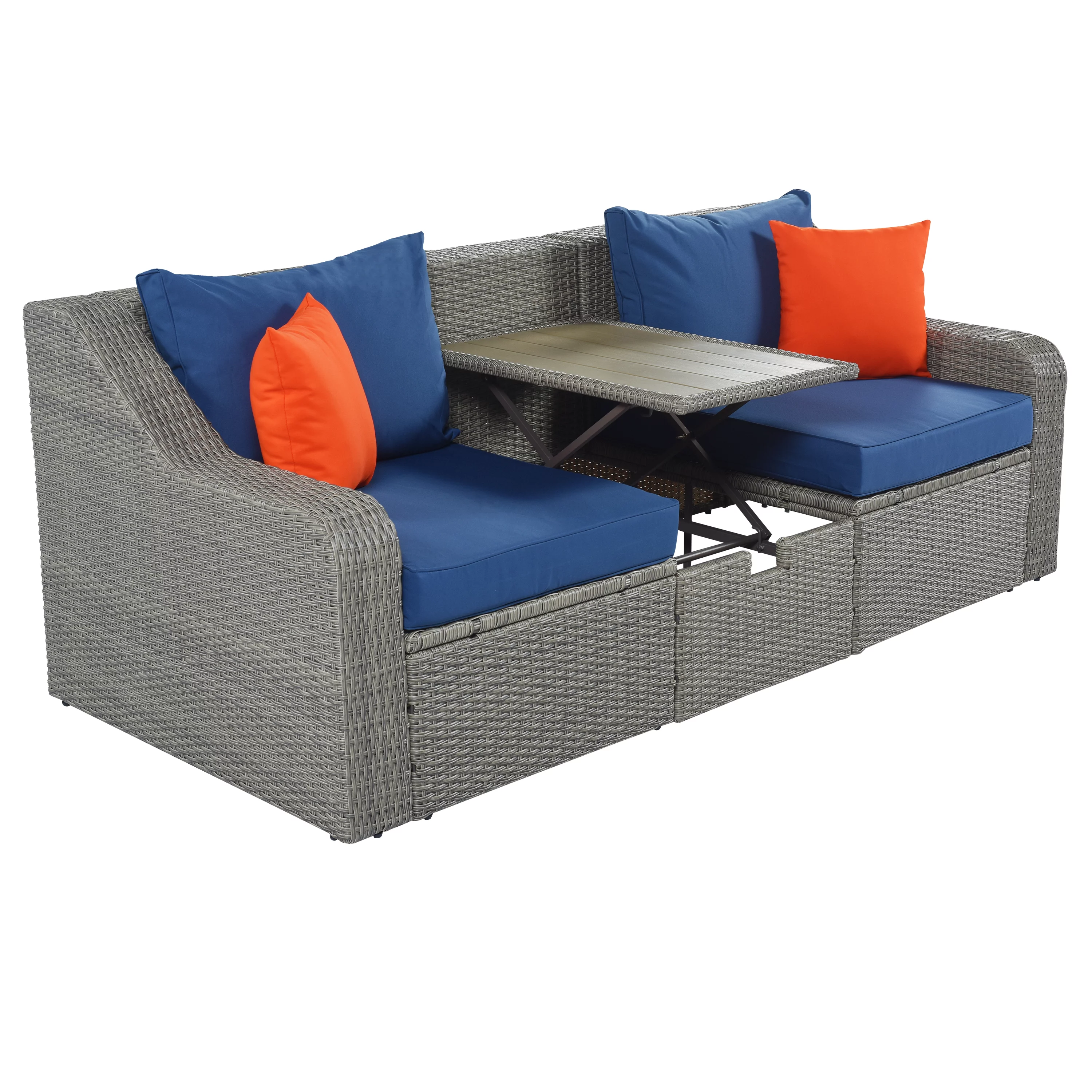 3-Piece Patio Furniture Sets, PE Wicker Rattan Sofa Conversation Chair, Patio Furniture Sofa with Cushions & Pillows & Ottomans & Lift Top Table , Blue