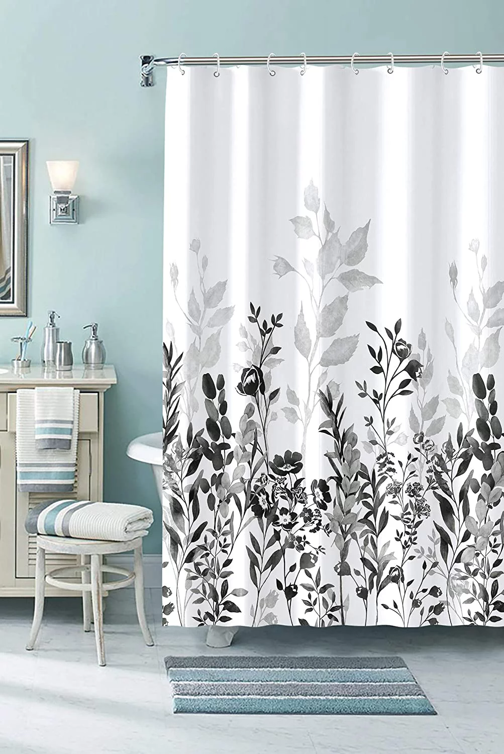 SHENDING Black and Grey Shower Curtain, Watercolor Floral Bathroom Curtain Black and White Shower Curtains 72×72 inches