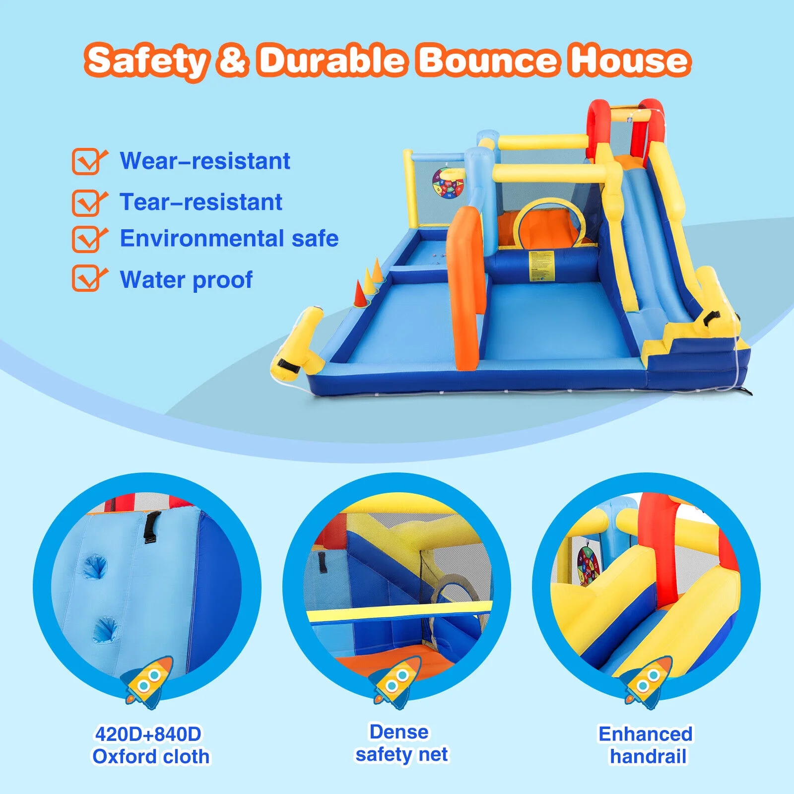 JOYLDIAS Inflatable Water Slide Bouncer Castle Kids Playhouse with Splash Pool, Climbing Wall, Trampoline, Felt Ball Target, Ring Toss Game, 550W Air Blower