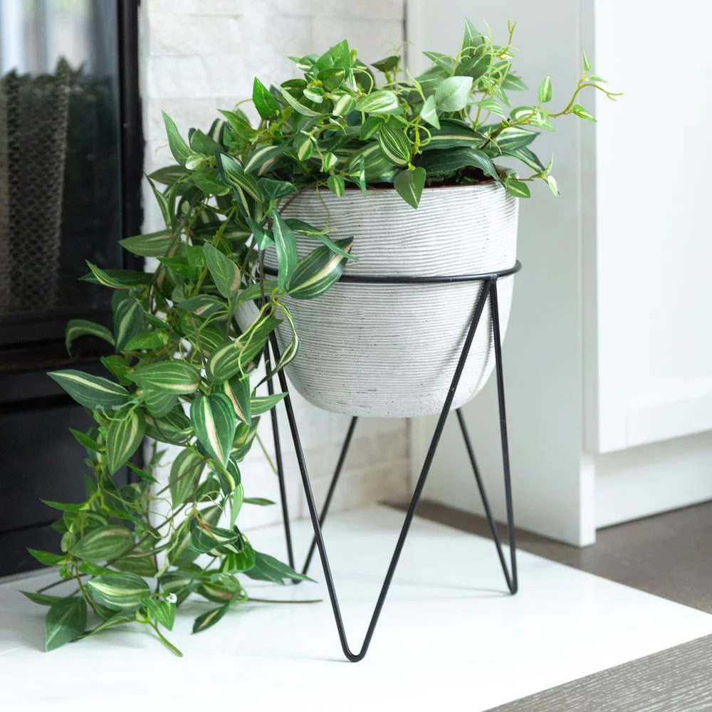 Flora Bunda Inc Mid-Century Cement Planter with Black Metal Stand White