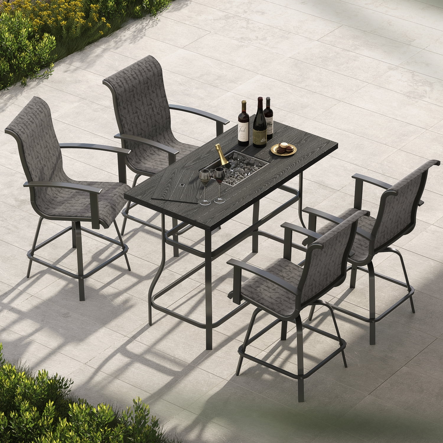 Grand Patio Outdoor 5 Piece Bar Set, 4 Swivil Chairs and Faux Wood Grain Table with Ice Bucket, Black