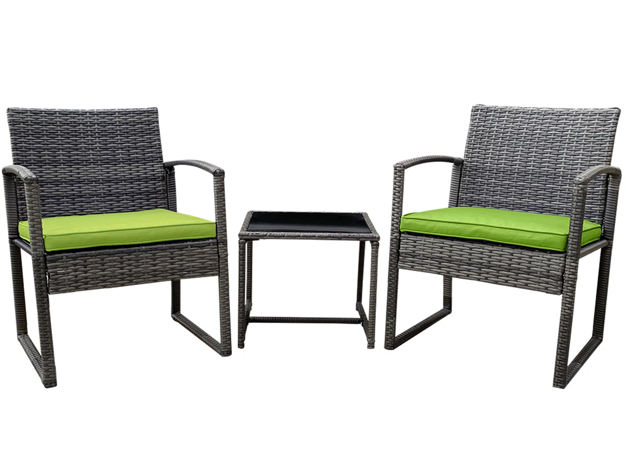 Brier 3-Piece Rattan Unwinding Furniture Set -Two Soft Cushion Sitting Chairs with a Glass Coffee Table - Green