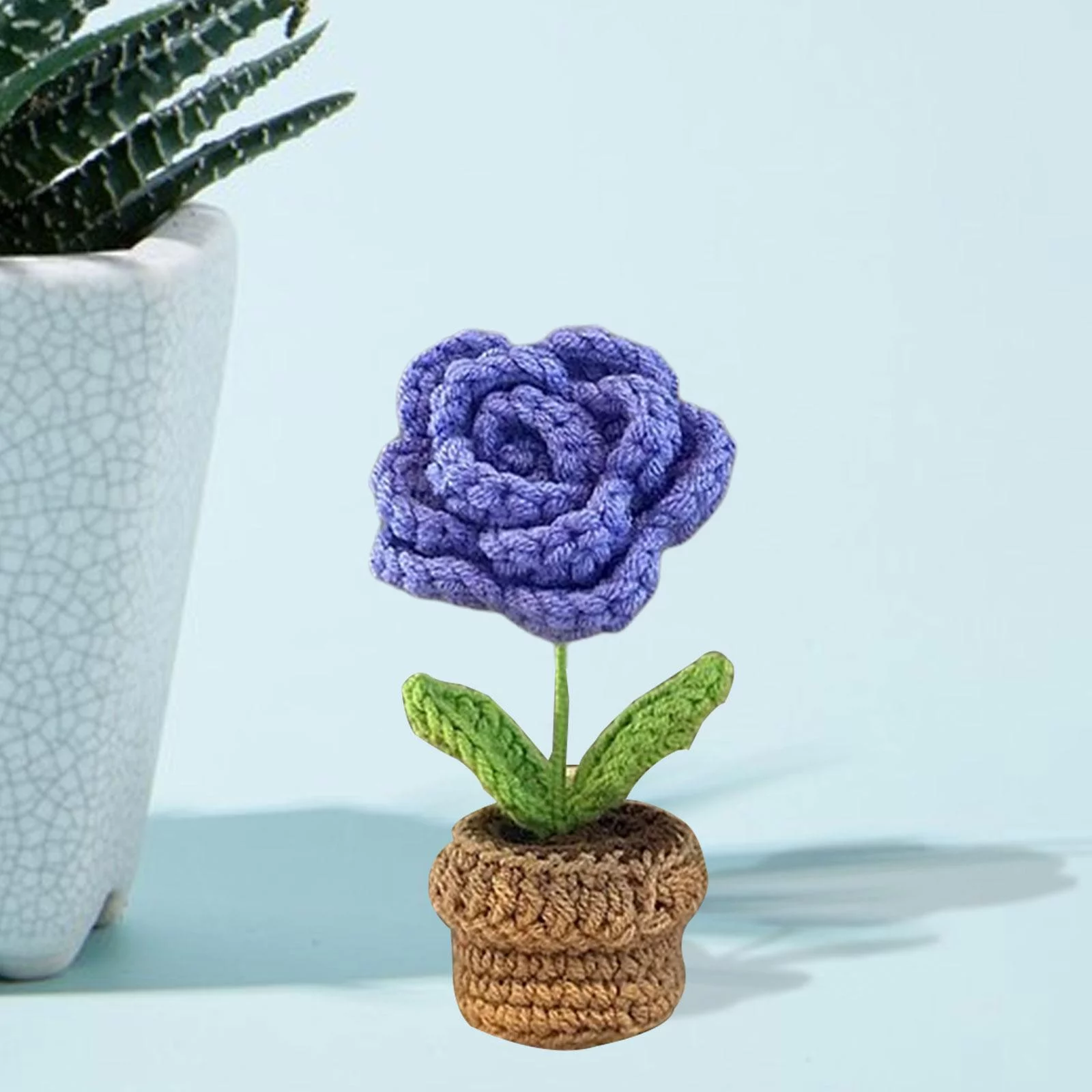 Handmade Beginner Knitted Flowerpot Small Potted Flower Crochet Craft Set Includes Blue Rose