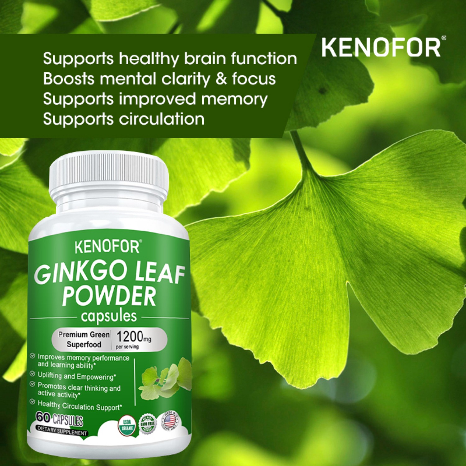 Kenofor Ginkgo Extract Supplement - with Vitamin C - Supports Improve Learning, Memory and Mental Clarity - 30/60/120 Capsules