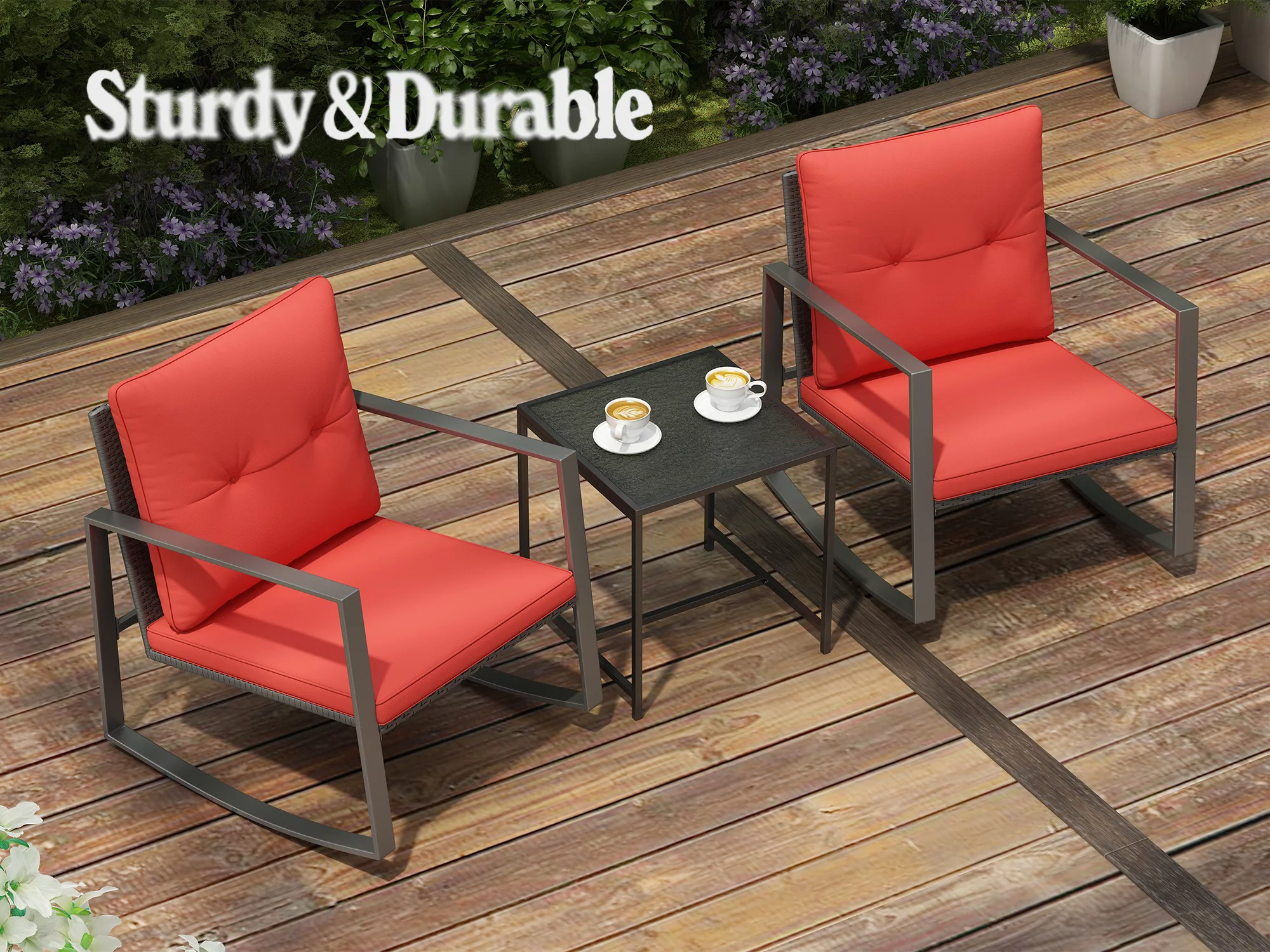 Lilac 3-Piece Patio Modern Furniture Set - A Solid Coffee Table With Two Plush Cushioned Chairs - Red