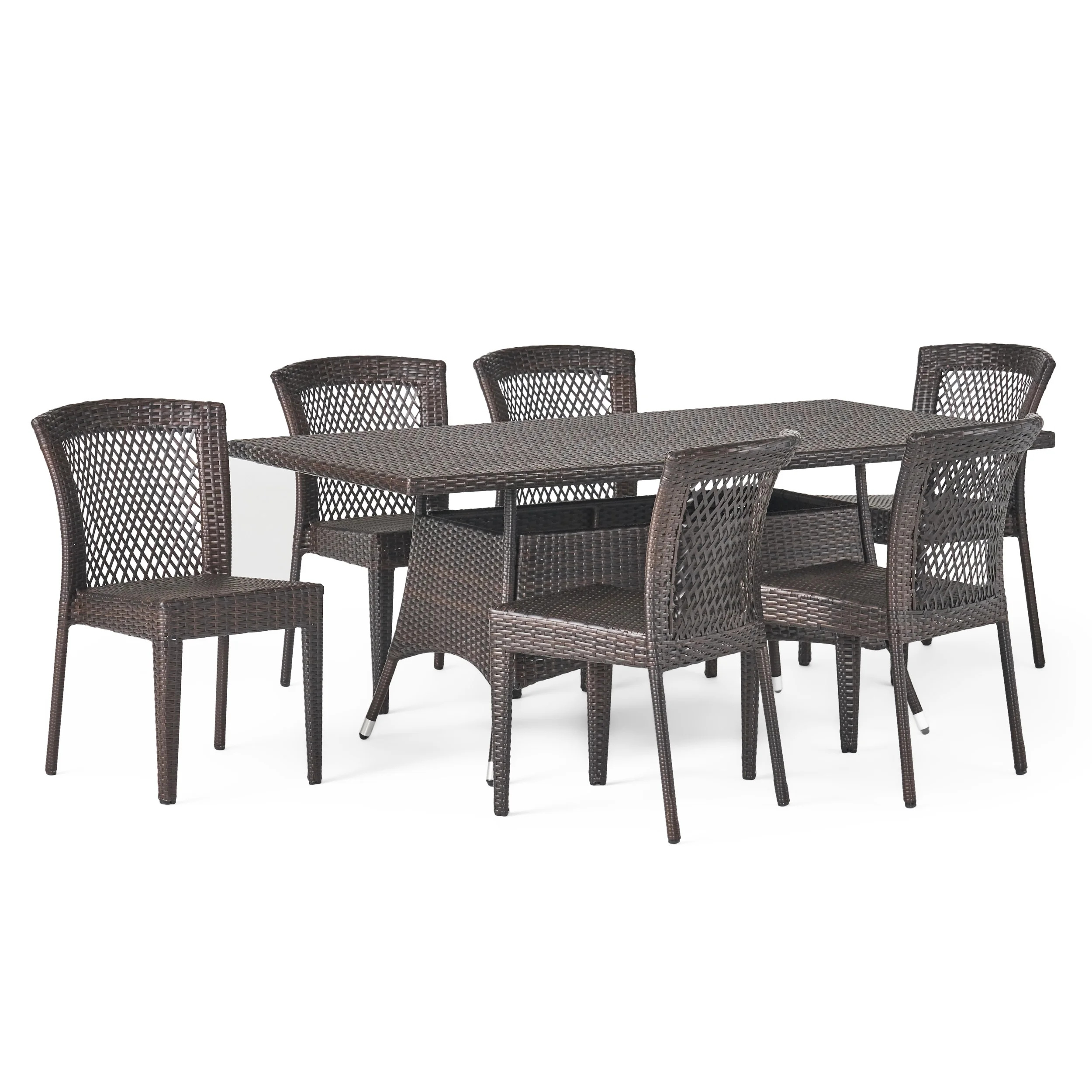 Cisneros 7 Piece Rectangular Outdoor Wicker Dining Set, Multibrown