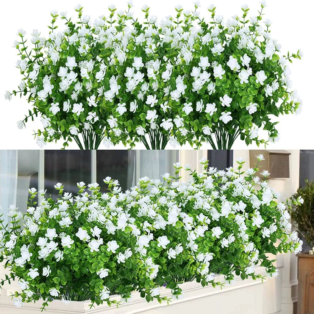 6 Bundles Artificial Flowers Outdoor Fake Flowers for Spring Summer Decoration UV Resistant No Fade Faux Plastic Plants Garden Porch Window Box Decor(White)