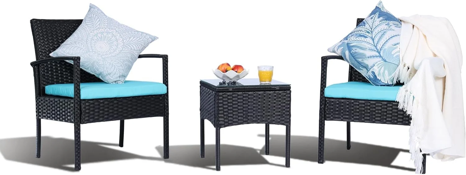 3 Pieces Outdoor Patio Furniture Set, Small Wicker Bistro Conversation Set for Porch and Balcony, All Weather PE Rattan Chairs with Table, Backyard Garden Furniture (Blue)