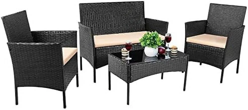 LNSETGC 4 Pieces Patio Porch  Sets PE Rattan Wicker Chairs Beige Cushion with Table Outdoor Garden Patio  Sets (Black)