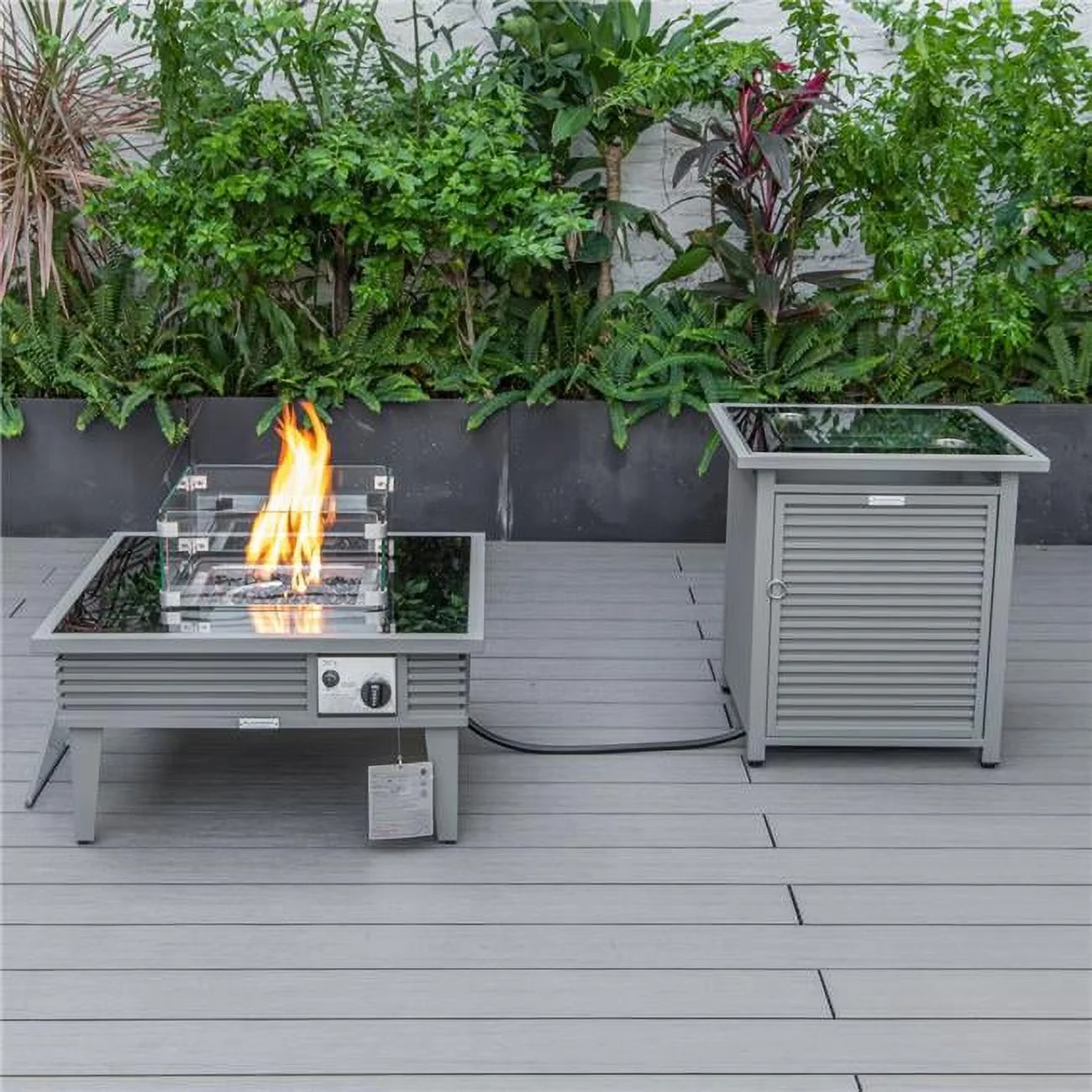 20 x 26.8 x 26.8 in. Walbrooke Patio Square Fire Pit & Tank Holder with Slats Design, Grey