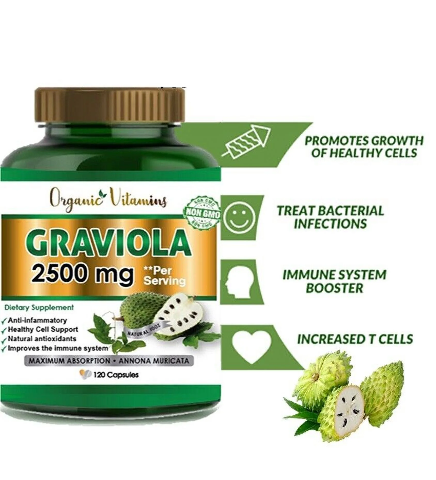 Graviola Capsules Pure Natural Soursop 2500mg -120 Capsules