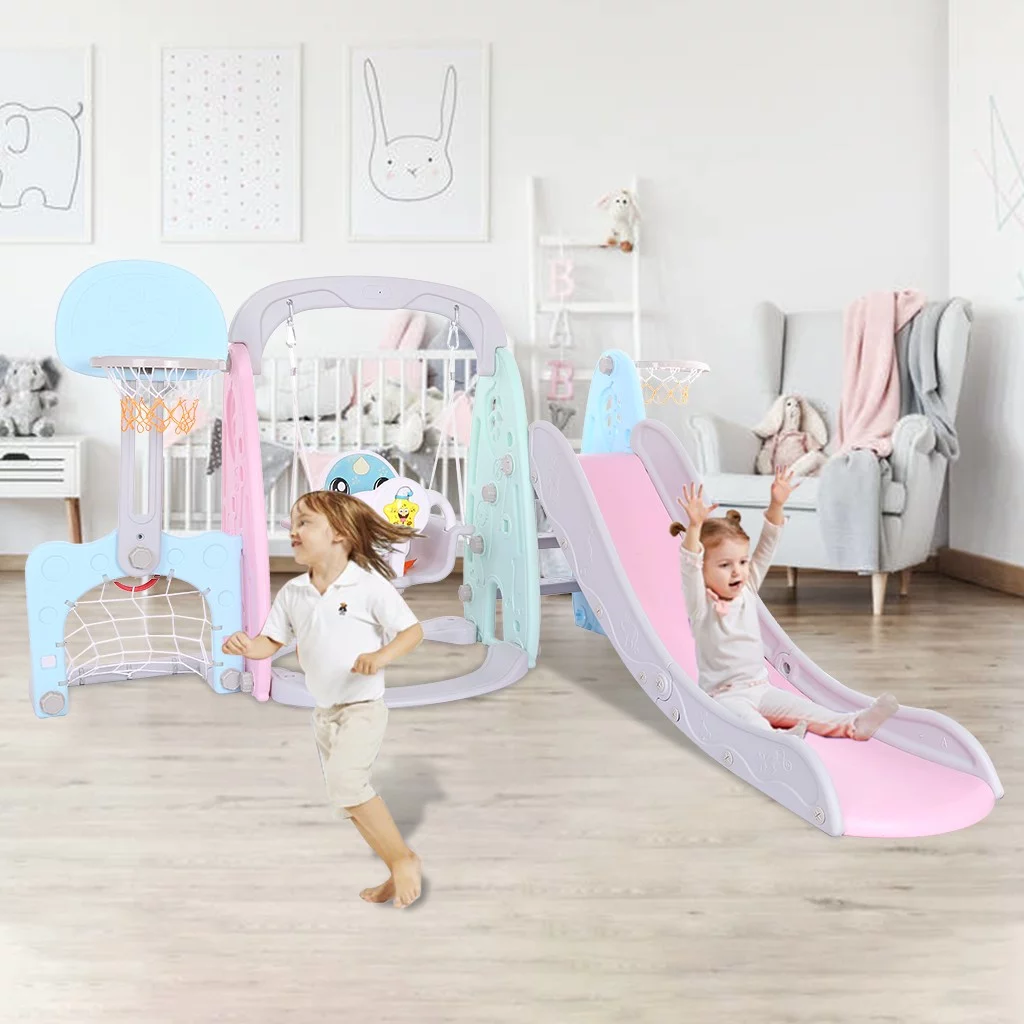 Lmtime 5 In 1 Kids Indoor And Outdoor Slide Swing And Basketball Football Set