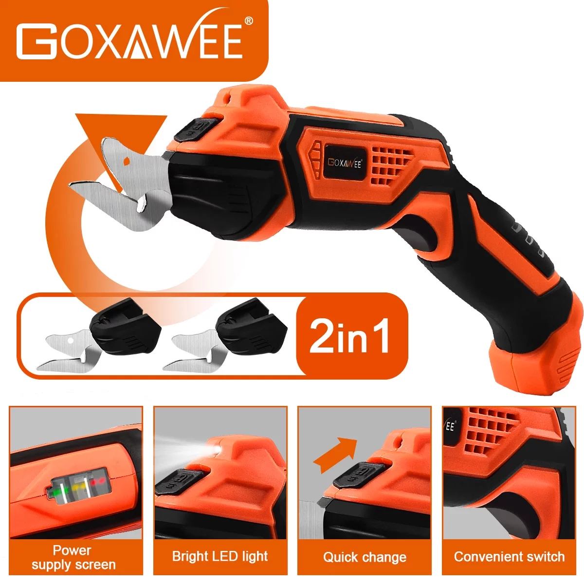 GOXAWEE 4V Cordless Electric Scissors, 1 Rechargeable Lithium Battery and 2 Cutter Blades, Cordless Shears Cutting Tool for Fabrics/Canvas/Carpets/Leather/Cardboard/Other Thin Materials