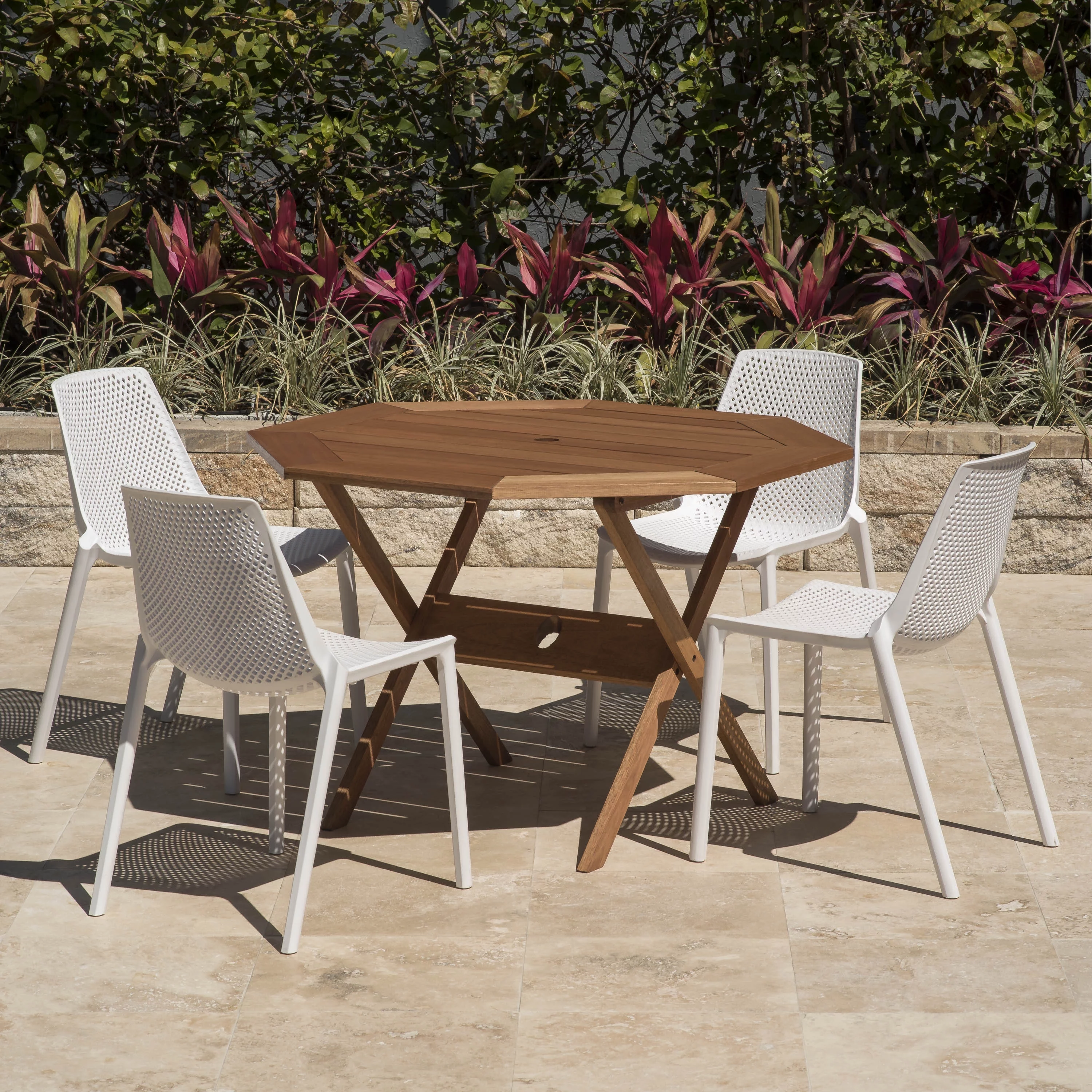 Amazonia Saralegui Wood 5 Pieces Octogonal Patio Dining Set, White Chairs, Seating Capacity: 4