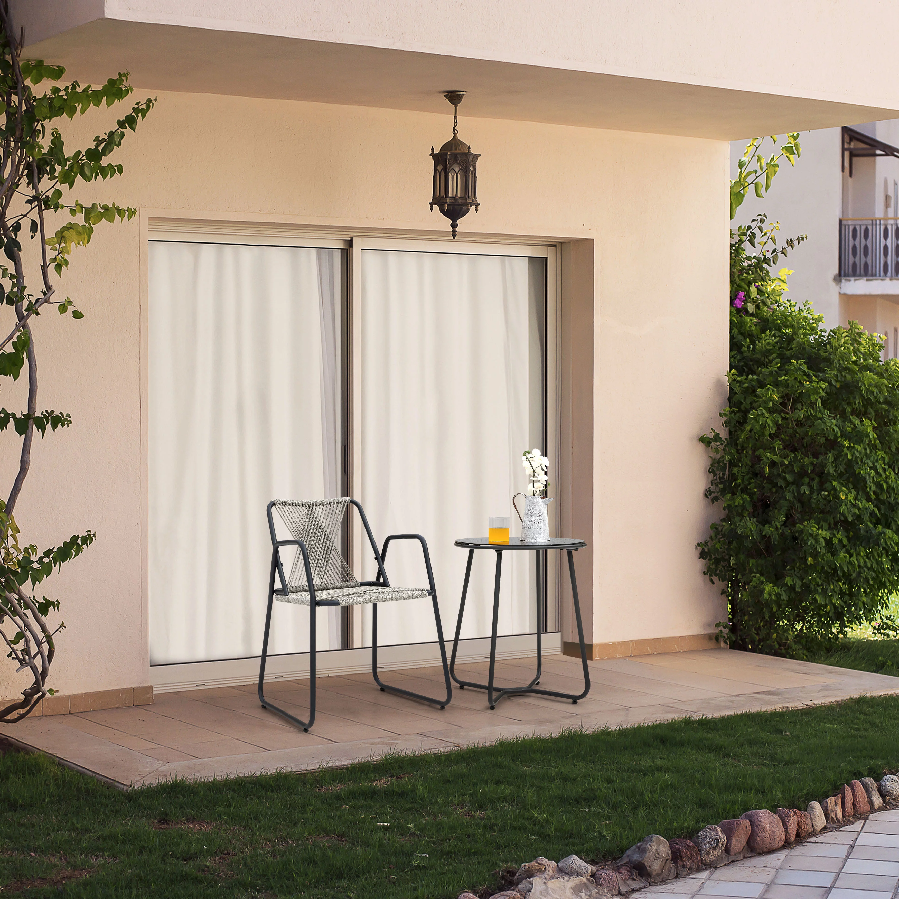 Nuu Garden Iron Woven Outdoor  Dining Chair Set of 2, Rope, Patio, Backyard, Deck, Light Weight, Black & Gray