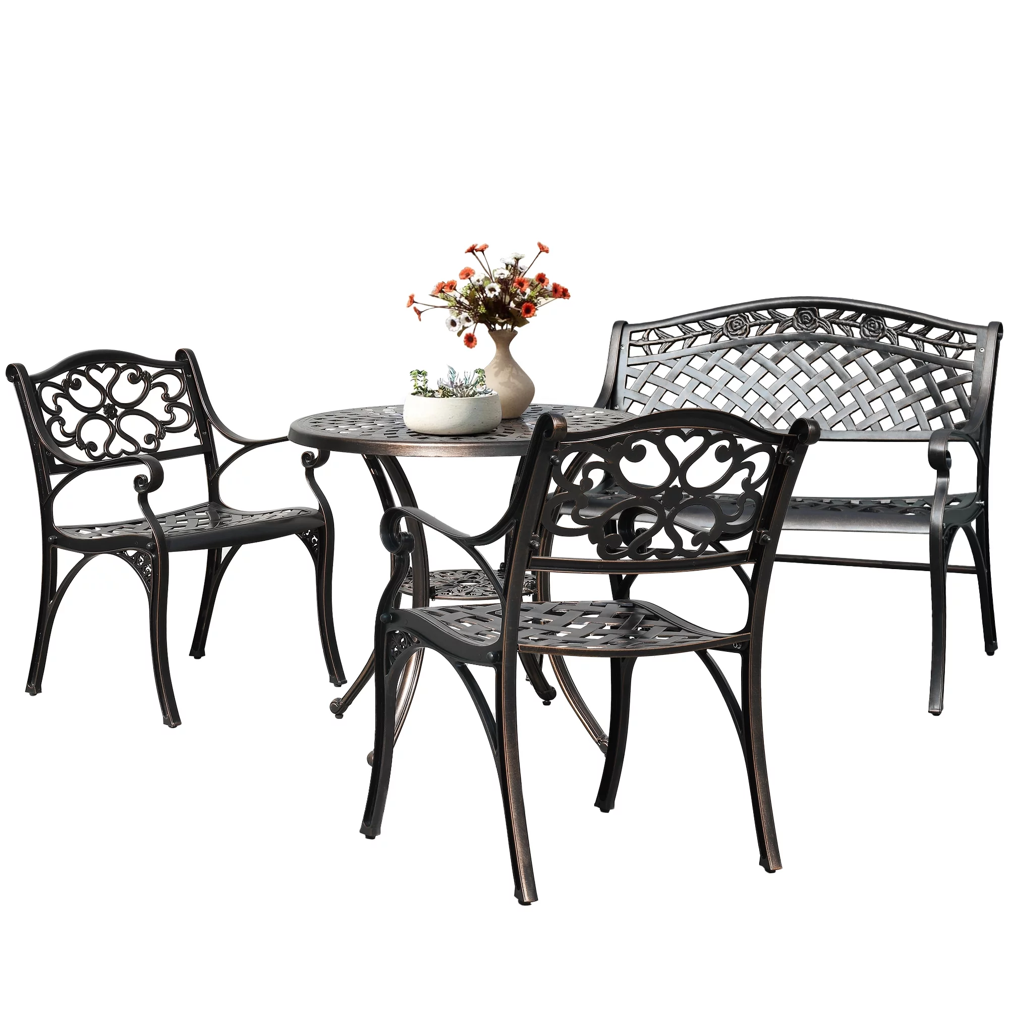 Dextrus 4 Piece Cast Aluminum Outdoor Patio Dining Set, Outdoor Patio Bistro Sets with Round Table, Bench, 2 Chairs with Adjustable Feet for Balcony, Pool, Garden, Backyard, Hammered Bronze