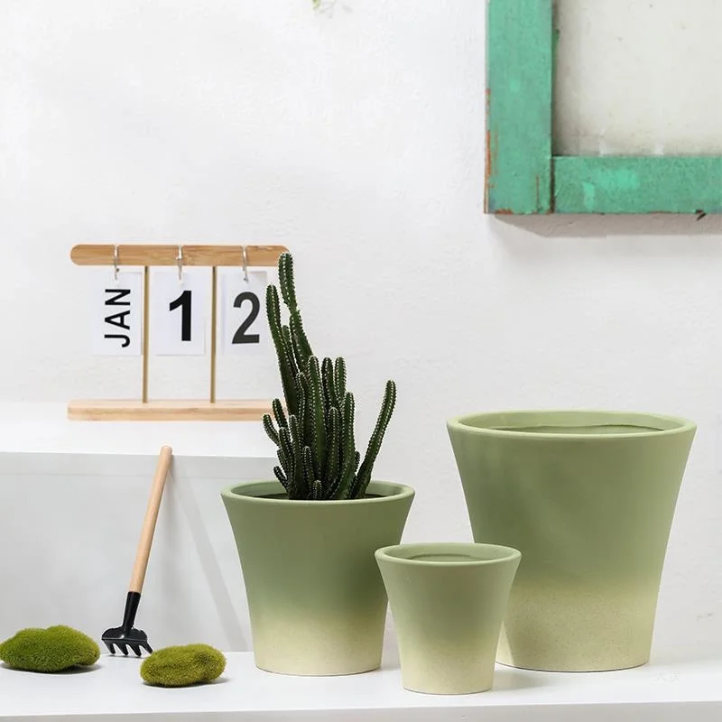 Simple Gradient Green Round -Shaped Ceramic Flower Pot With Pallet Breathable Ceramics Indoor Balcony Orchid Green Pimple Plants