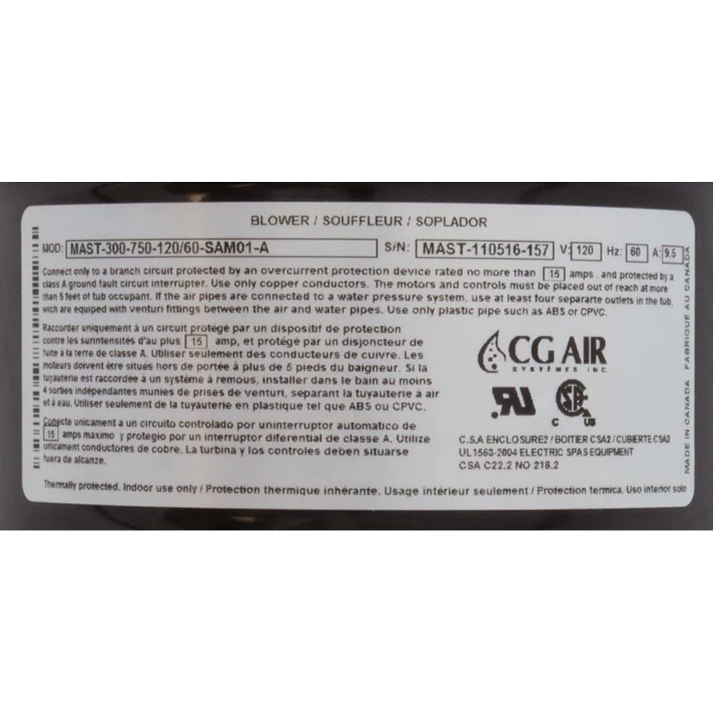 Blower, CG Air Millenium, 115v, 9.5A, w/Heater, Hard Wire, AS