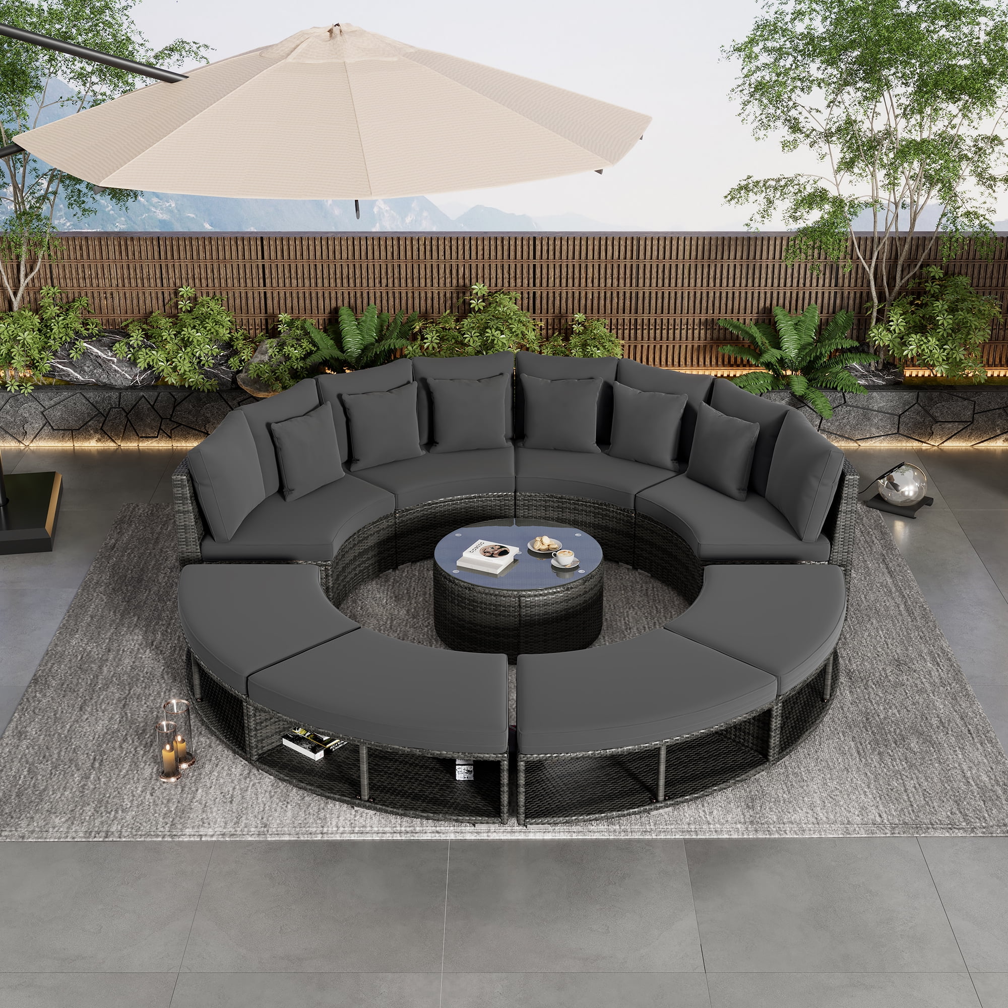 Homiyad 9-Piece Outdoor Patio Furniture Luxury Circular Outdoor Sofa Set Rattan Wicker Sectional Sofa Lounge Set with Tempered Glass Coffee Table, 6 Pillows, Grey