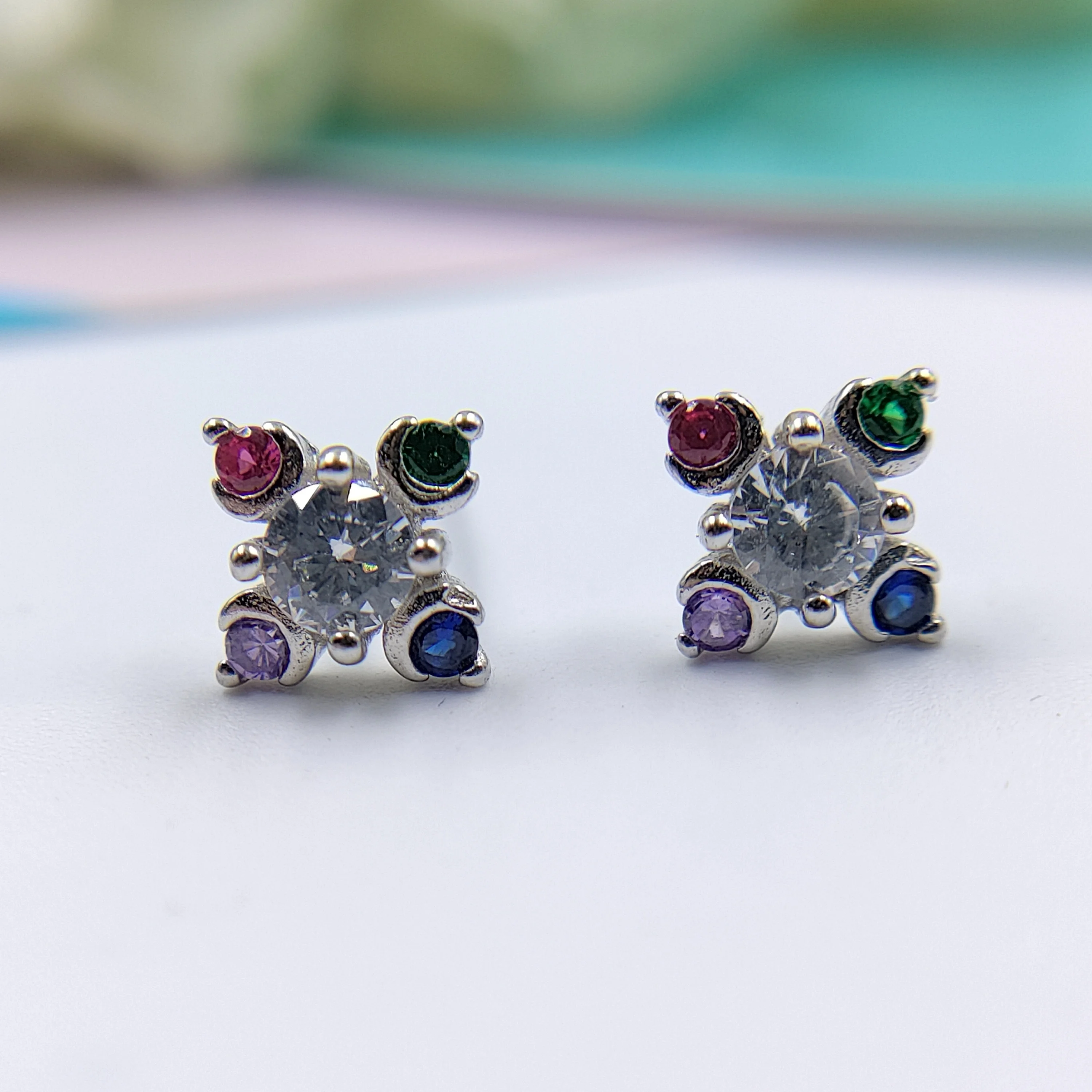 925 Silver Earring Rainbow Flower Stud Earrings Beautiful Stylish Colorfull CZ Little Floral Stud Earring Minimalist Handmade Gift for Her