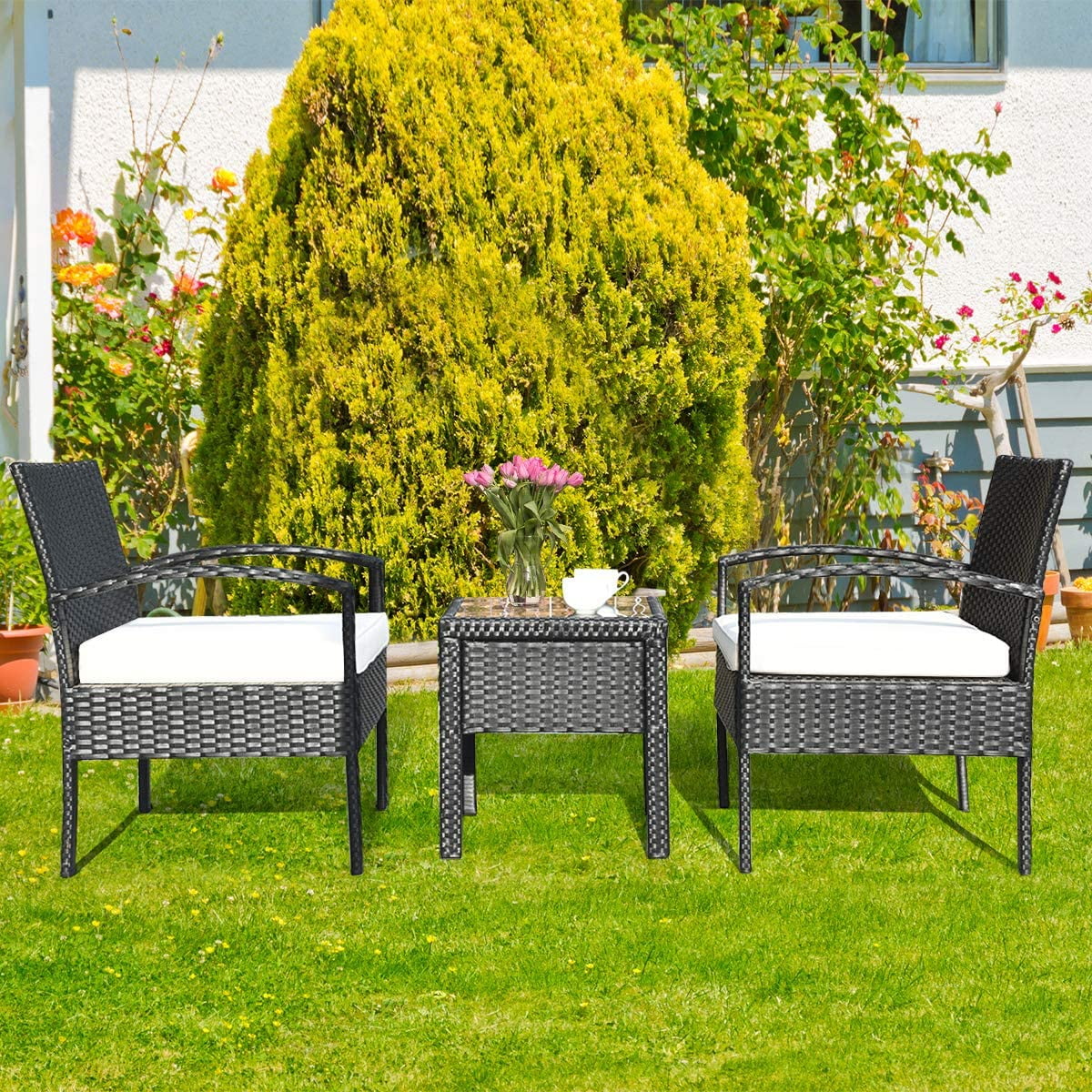 Elegant 3 Piece Elegant Furniture Set with 2 Cushioned Chairs & End Table, 1, Black