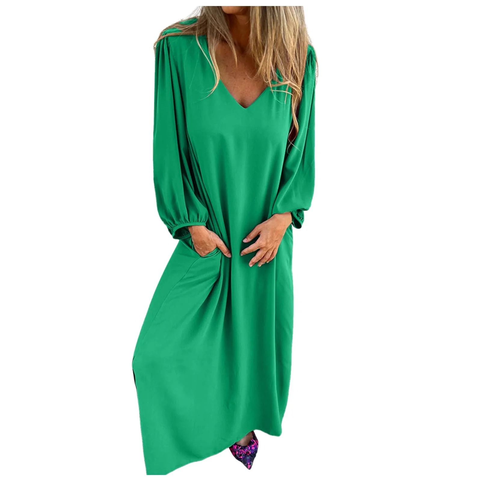 Winter Skater Skirt Women Casual Fashion Solid Color V Neck Dress Mid Long Sleeve Shirt Elegant Solid Dress Denim Maxi Skirt