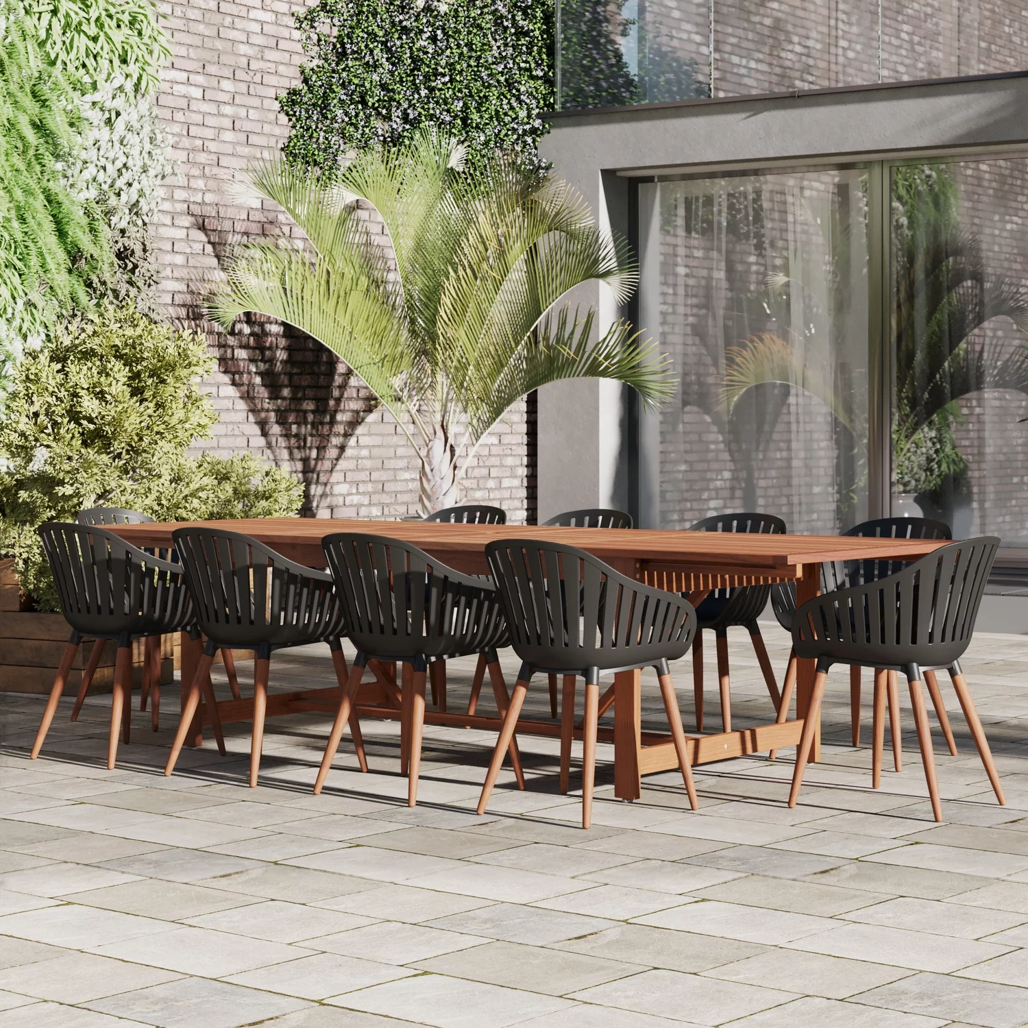 Amazonia 11 Piece Rectangular Patio Dining Set W/Black Plastic Eucalyptus Finish Chairs