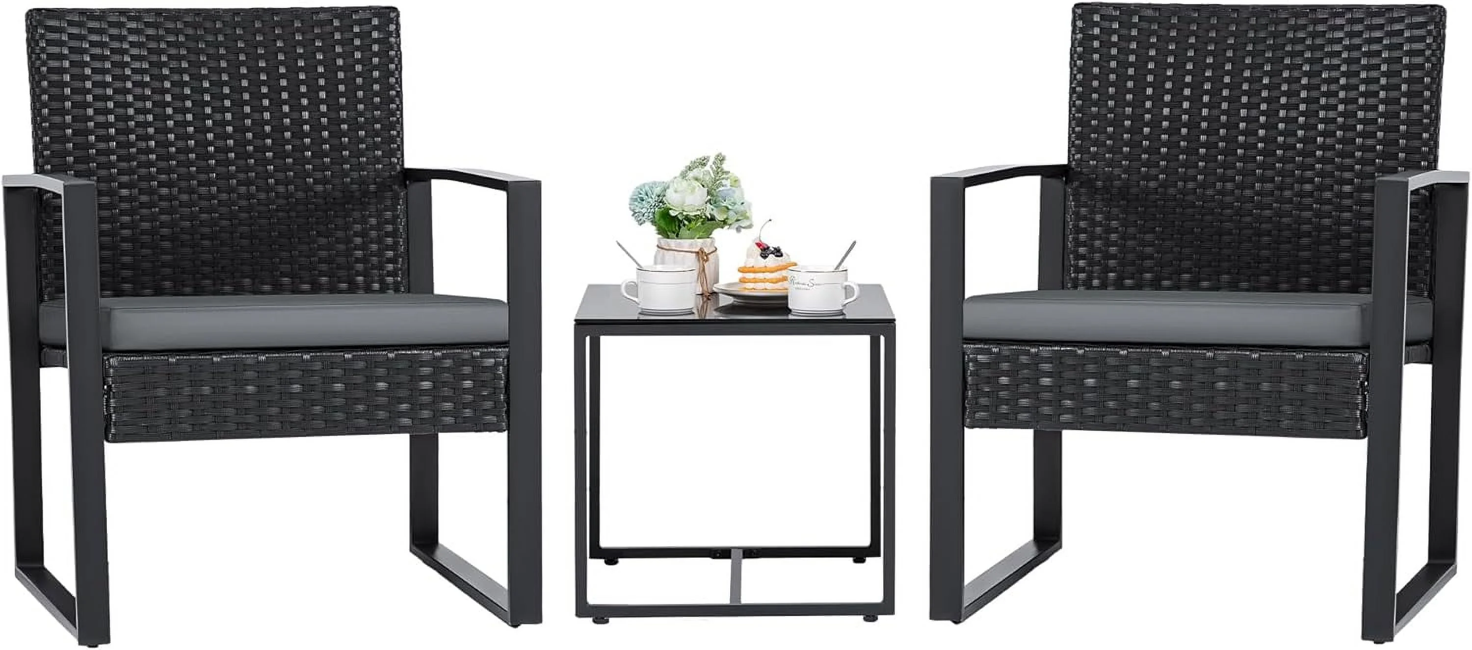 3 Pieces Patio Set Outdoor Wicker Furniture Modern Bistro Rattan Chair Conversation Sets with Coffee Table for Yard (Grey)