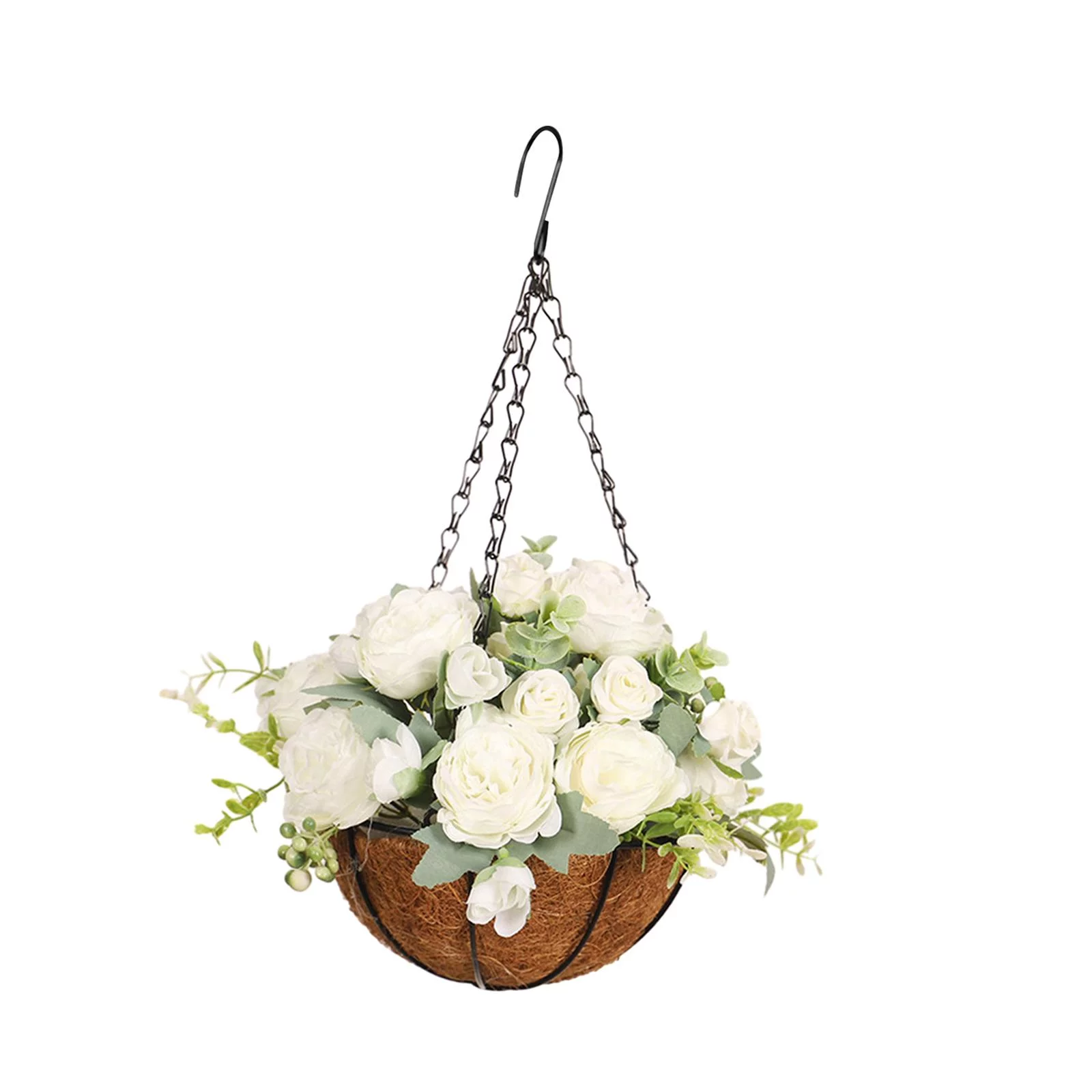 Artificial Flowers Hanging Basket Chain Flower Pot Silk Flower Plant Hanger Flower Arrangement for Courtyard Home Porch Yard white