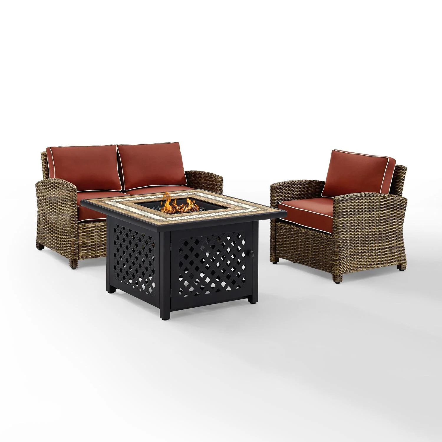 HomeStock Asian Fusion 3Pc Outdoor Wicker Conversation Set Sangria/Weathered Brown - Loveseat, Arm Chair, & Coffee Table