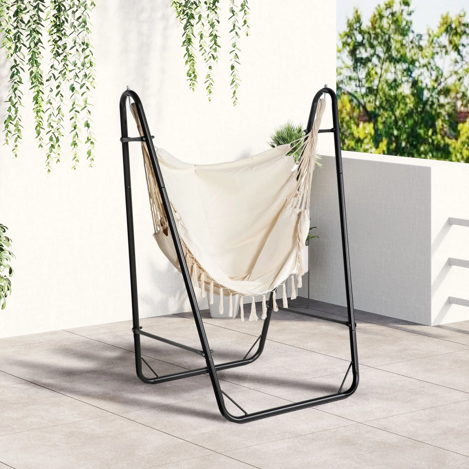 GUIOIHDC Patio Hammock Chair with U Shape Stand  Outdoor Hammock  Hanging Lounge Chair with Side Pocket  Black/Cream