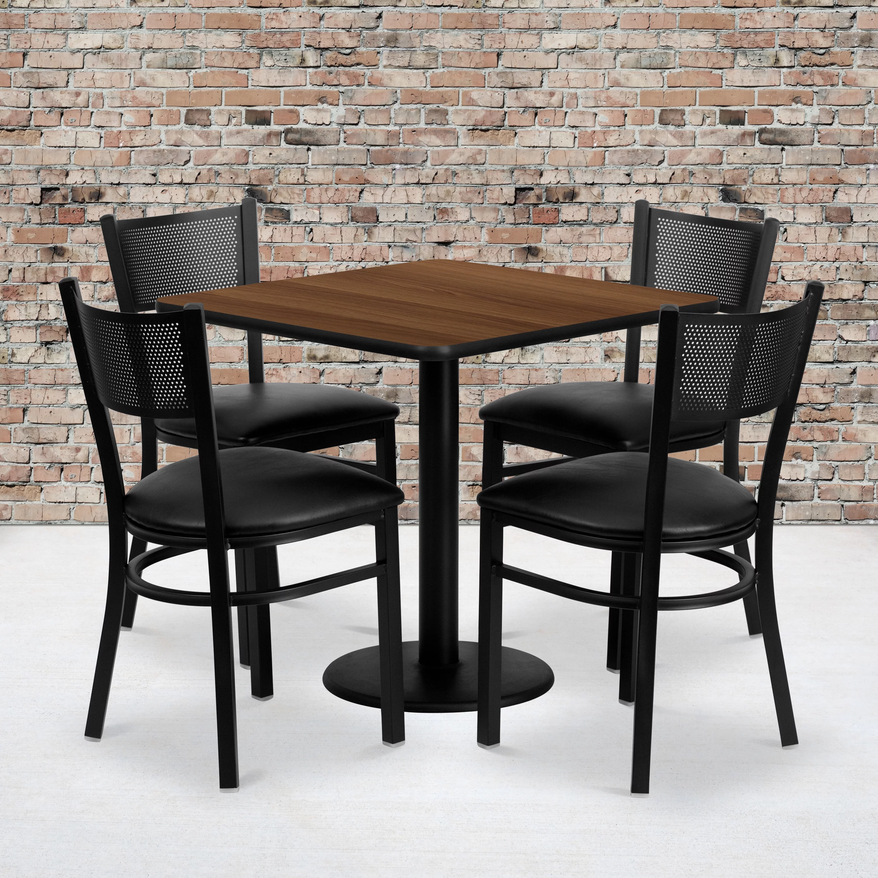 Flash Furniture 30'' Square Walnut Laminate Table Set with 4 Grid Back Metal Chairs - Black Vinyl Seat
