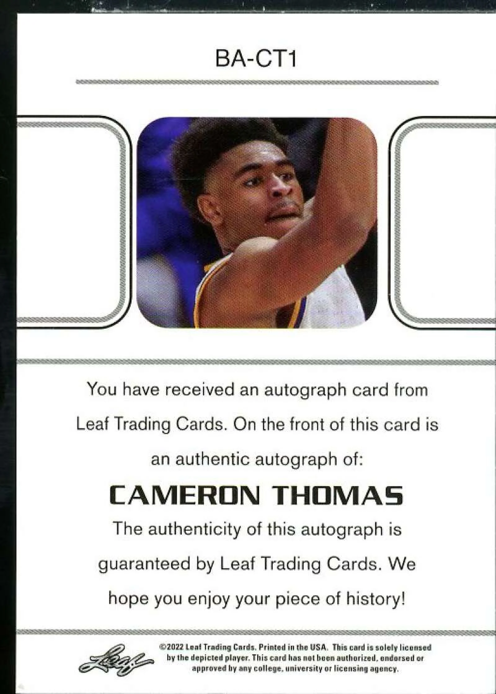 Cameron Thomas Rookie Card 2021-22 Leaf Pro Set Power Gold #BACT1