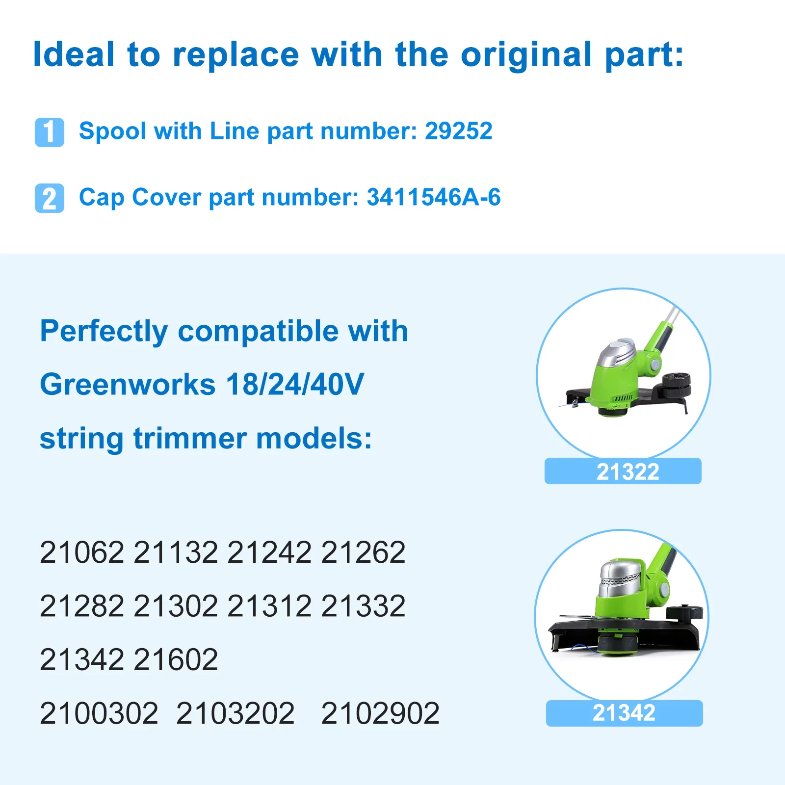 8 Pack Weed Eater String Replacement for Greenworks Single Line Cordless Trimmers + 1 Cap, .065-Inch Replacement Spools for 20V 40