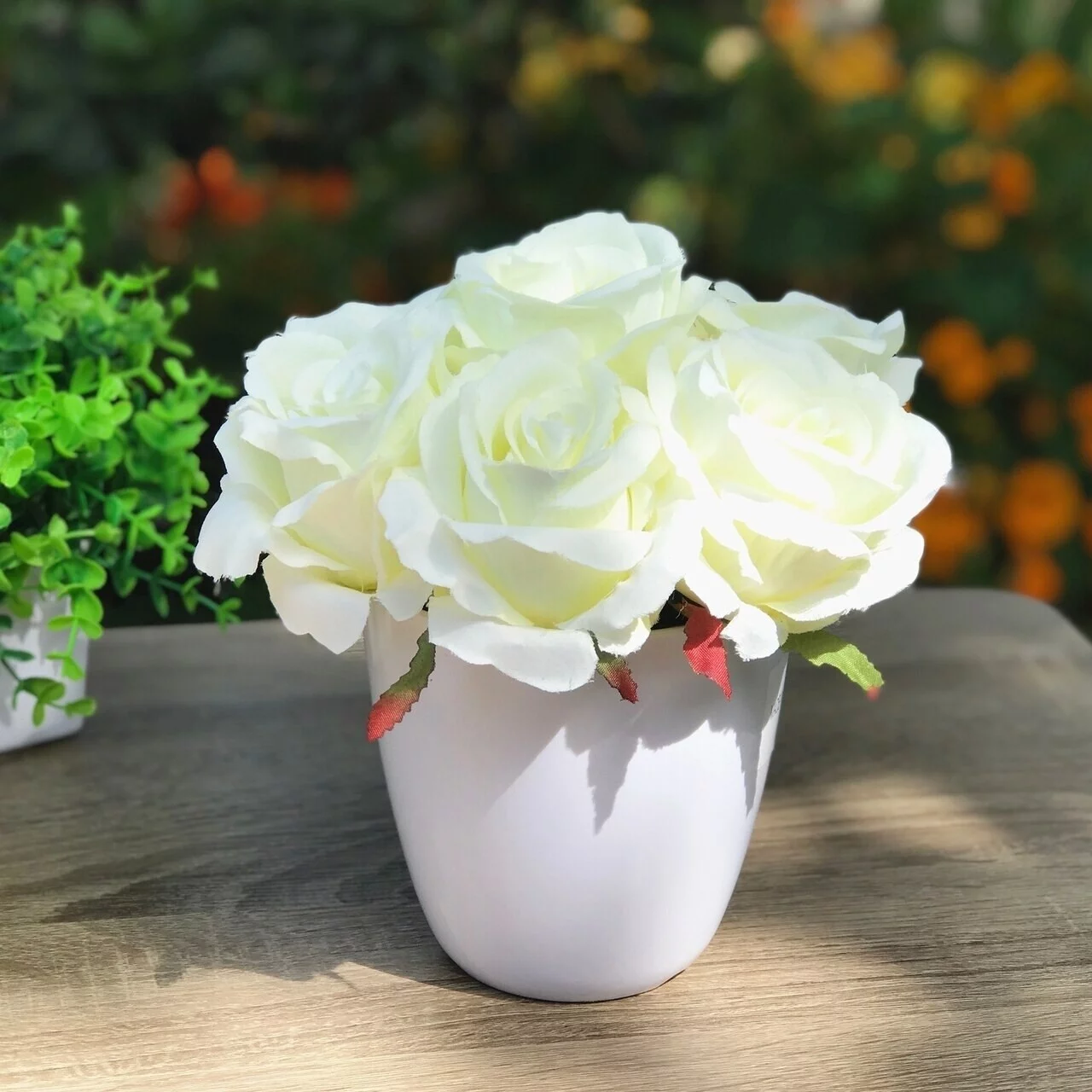 Enova Home  Artificial Silk Roses Fake Flowers Arrangement in White Pot for Home Office Decoration cream