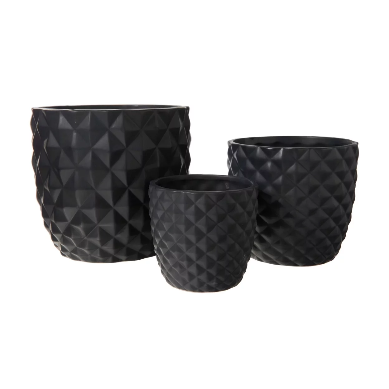 Ceramic Round Pot with Embossed Diamond Pattern Design Body Set of Three Matte Finish Black