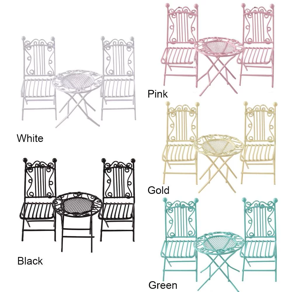 1 Set Iron Dolls House Toy Accessories Playing House Dollhouse Table Chair Fairy Garden Seat Scene Model Miniature Furniture YELLOW