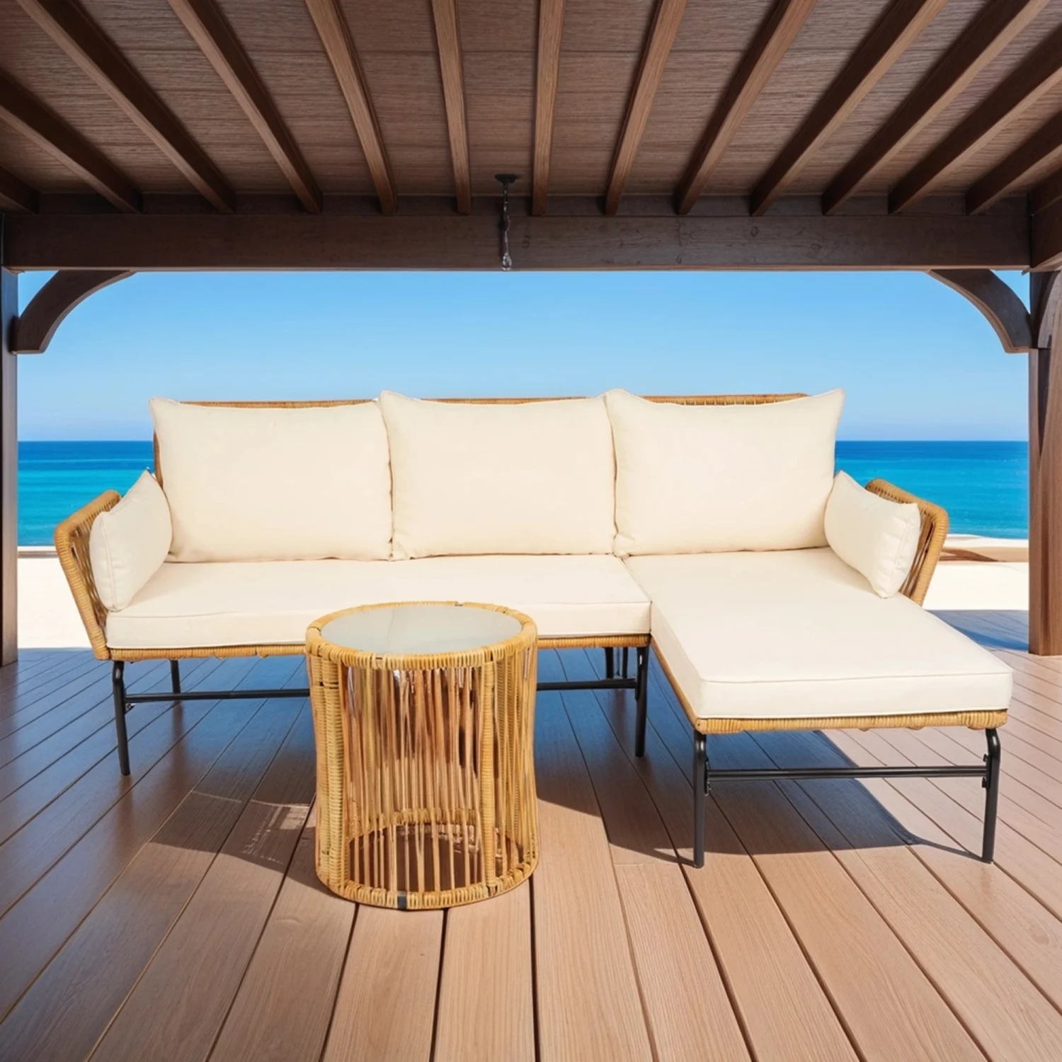 Luxurious 3-Piece Outdoor Patio Wicker Furniture Set with Thick 3.15-Inch Cushion  Natural Yellow Wicker Table and Chairs  Comfortable Outdoor Sofa Set in Creme Color