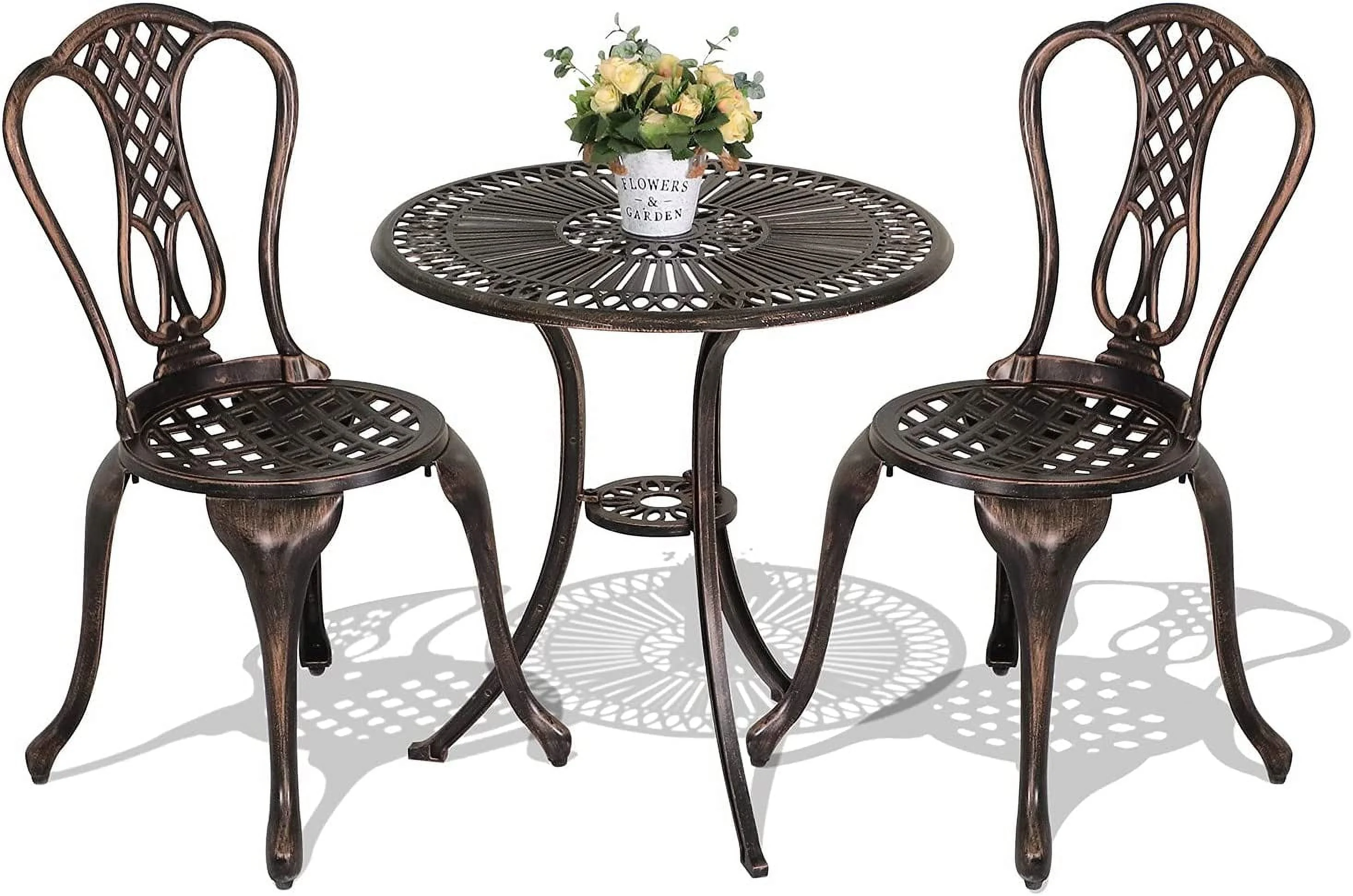 LNSETGC 3 Piece Patio   Cast Aluminum Outdoor Conversation Set  Anti-Rust Easy-Clean Garden Table and Chairs with Umbrella Hole for Backyard  Poolside  Balcony  Lattice Design Antique Bro