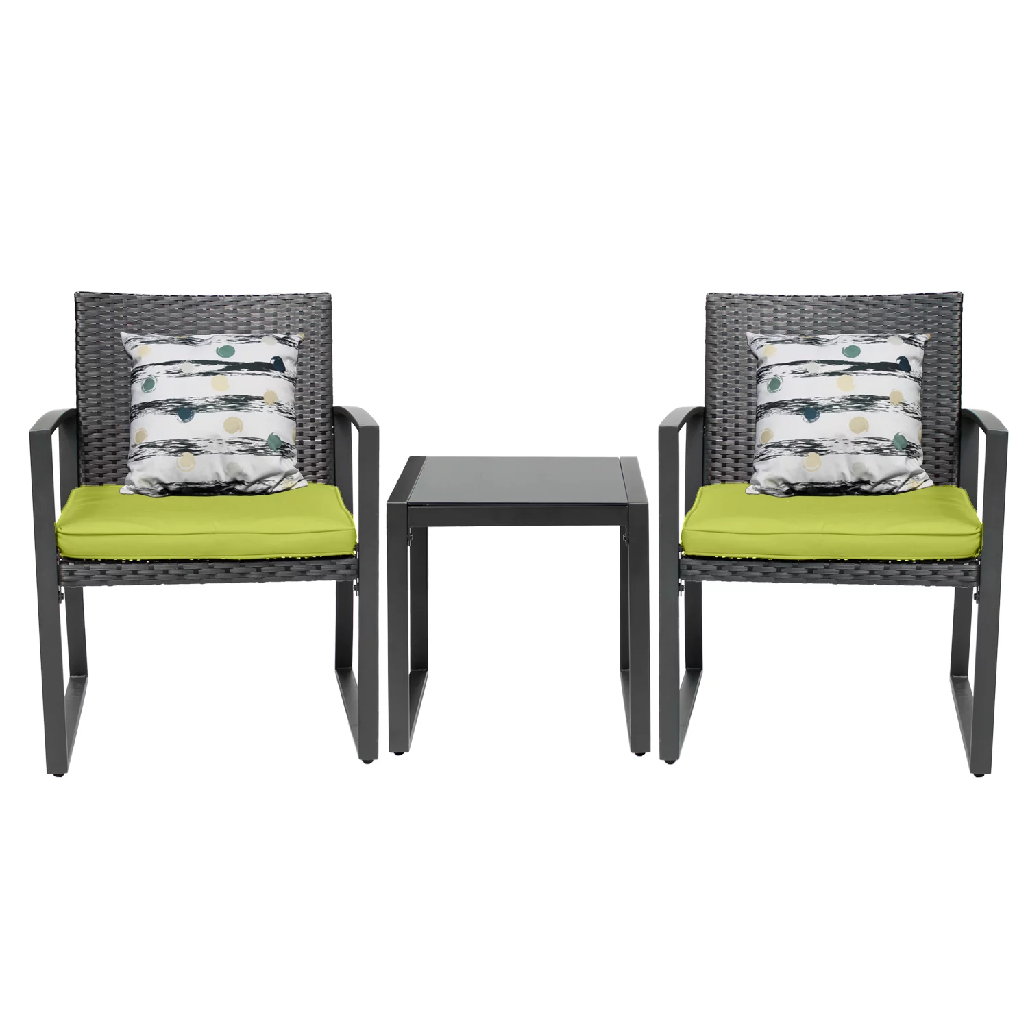 Outside 3-Piece Bistro Set Black Wicker Furniture-Two Chairs with Glass Coffee Table