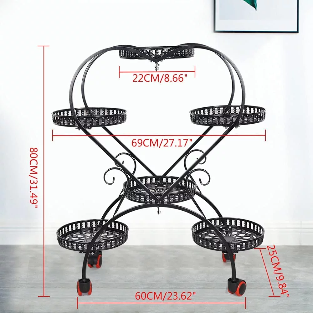Miumaeov 6 Pots Modern Metal Plant Stand Heart Shape Flower Holder Shelf Movable with Wheel Flower Pot Stand for Patio Garden Living Room Corner Balcony Bedroom (Black)