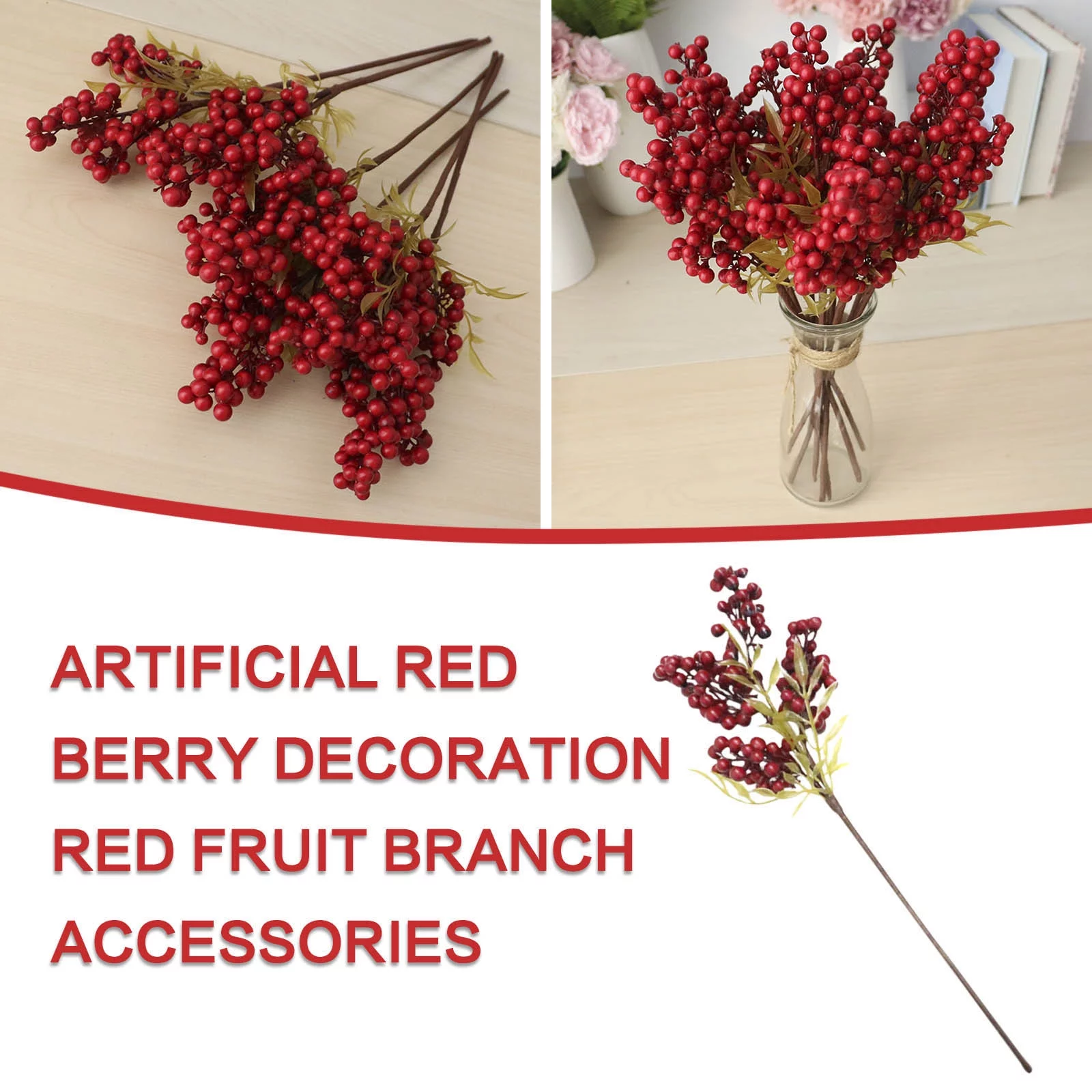 Red Berry Pick Holly Branch Wreath Tree Hanging Decoration Flowers In Vase Artificial Flowers Hydrangea Wedding Stage Outdoor Artificial Hanging Flowers Wet Foam Garland Winter Flowers for Vase