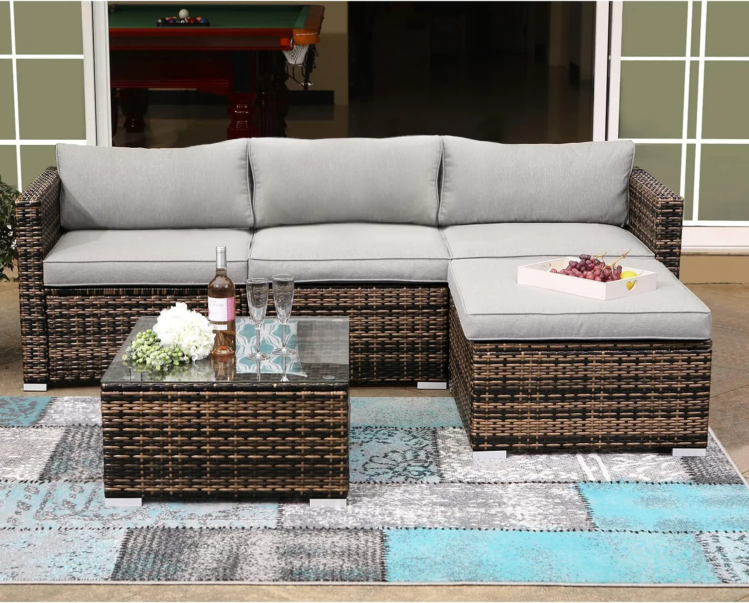 5-Piece Outdoor Furniture All-Weather Mottlewood Brown Wicker Sectional Sofa w Warm Gray Thick Cushions, Glass-Top Coffee Table, Patio