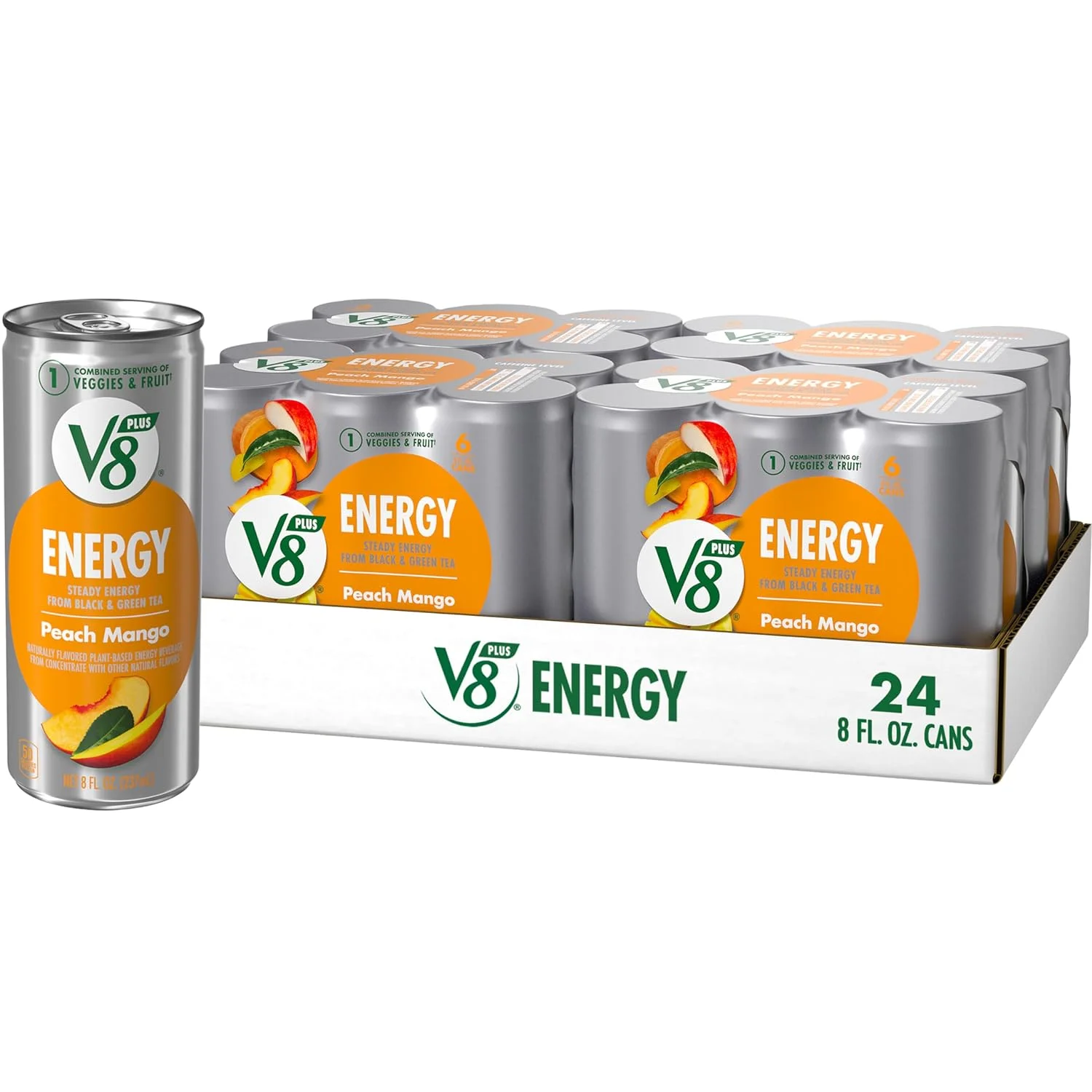 V8 +Energy, Healthy Energy Drink, Natural Energy from Tea, Peach Mango, 8 Ounce Can (4 Packs of 6, Total of 24) 8 Fl Oz (Pack of 24)