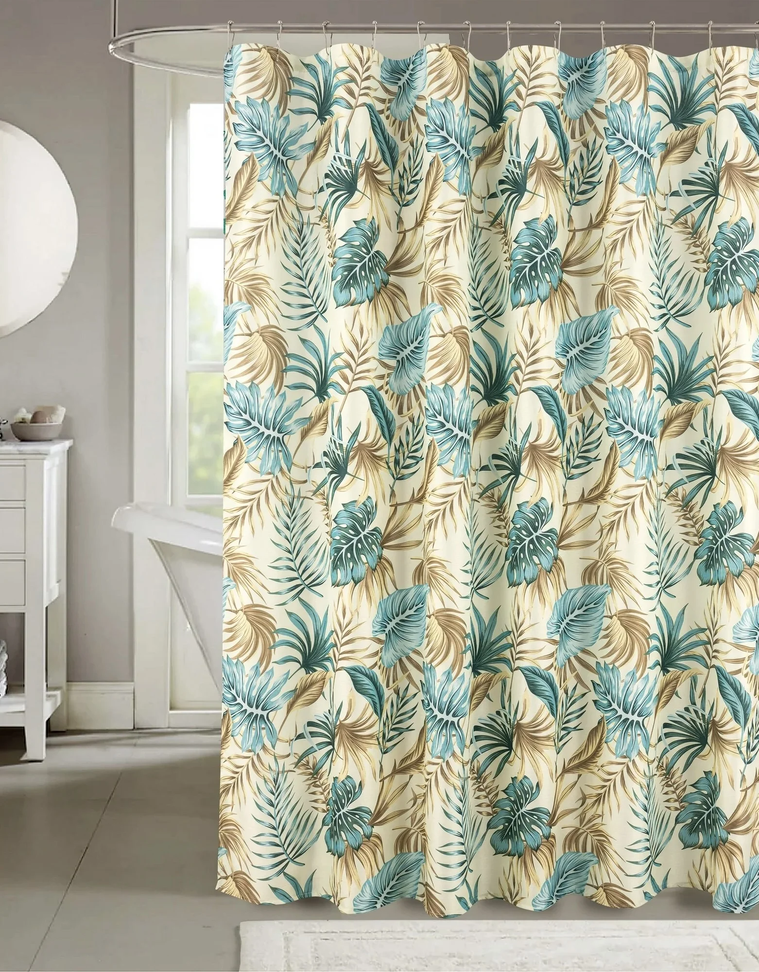 Serafina Home Blue Teal Aqua Brown Taupe Creme Fabric Shower Curtain for Bathroom: Farmhouse Tropical Floral Leaf Design