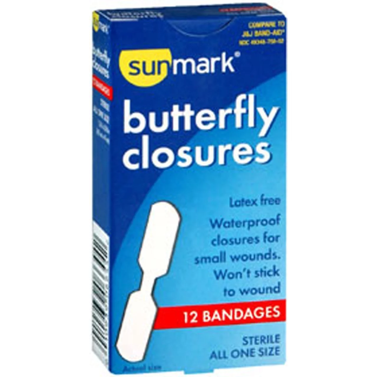 Sunmark Waterproof Butterfly Closure Bandages, 12 Count
