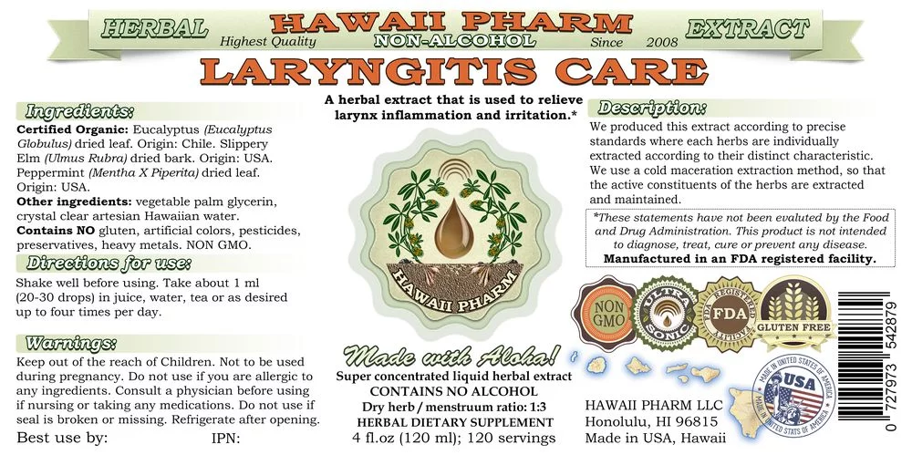 Laryngitis Care Glycerite, Eucalyptus (Eucalyptus Globulus) Dried Leaf, Slippery Elm (Ulmus Rubra) Dried Bark, Peppermint (Mentha X Piperita) Dried Leaf Alcohol-Free Liquid Extract, Glycerite Herbal