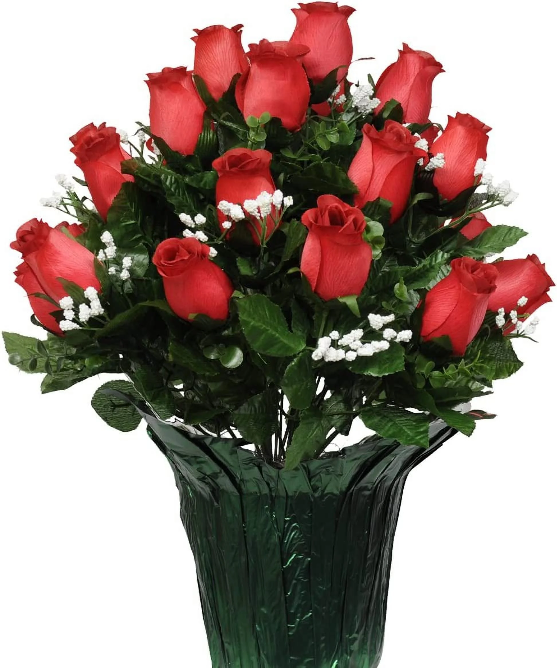 Silks Red Roses Pot Made for Front Porch, Home, Office, Memorial, and Home décor - Artificial Flowers - Won't Blow Over