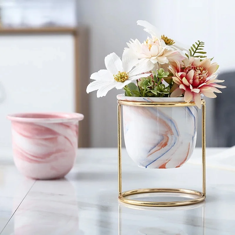 Nordic Style Marbled Gold Iron Frame Ceramic Flower Pot  Decor Vaso Para Bonsai Balcony Plant Pots  Cactus Wholesale
